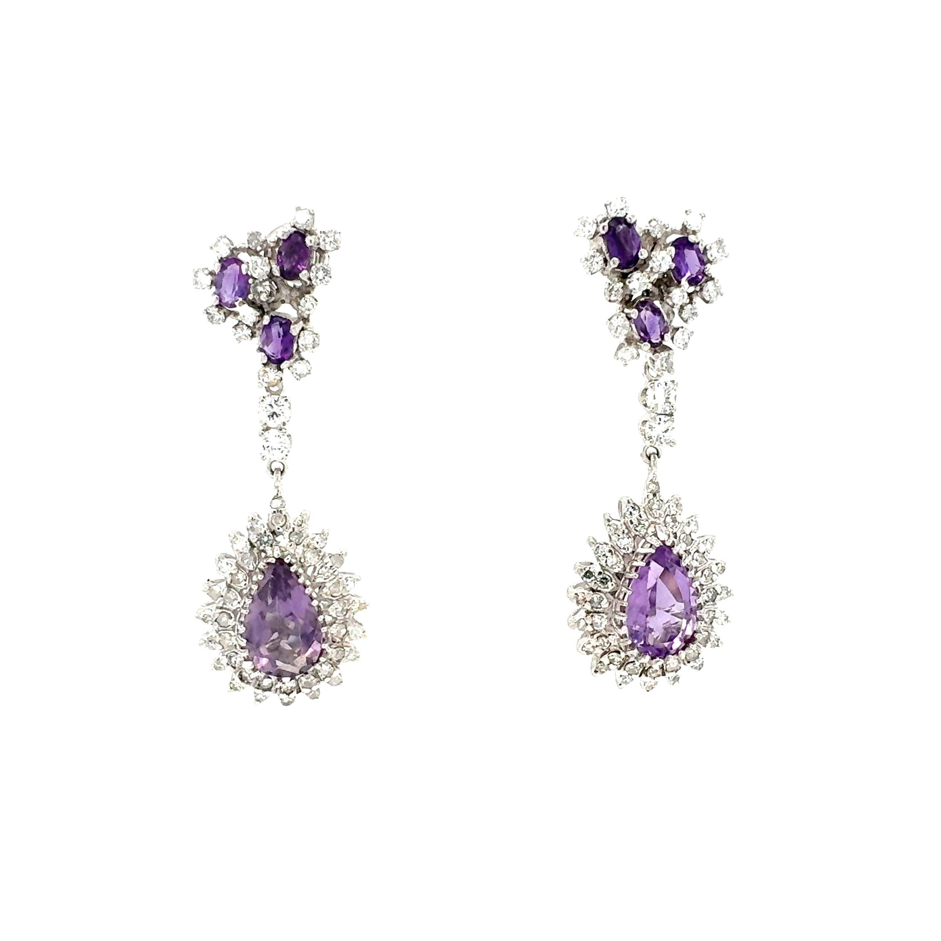 14K White Gold Amethyst and Diamond Dangle Earrings
