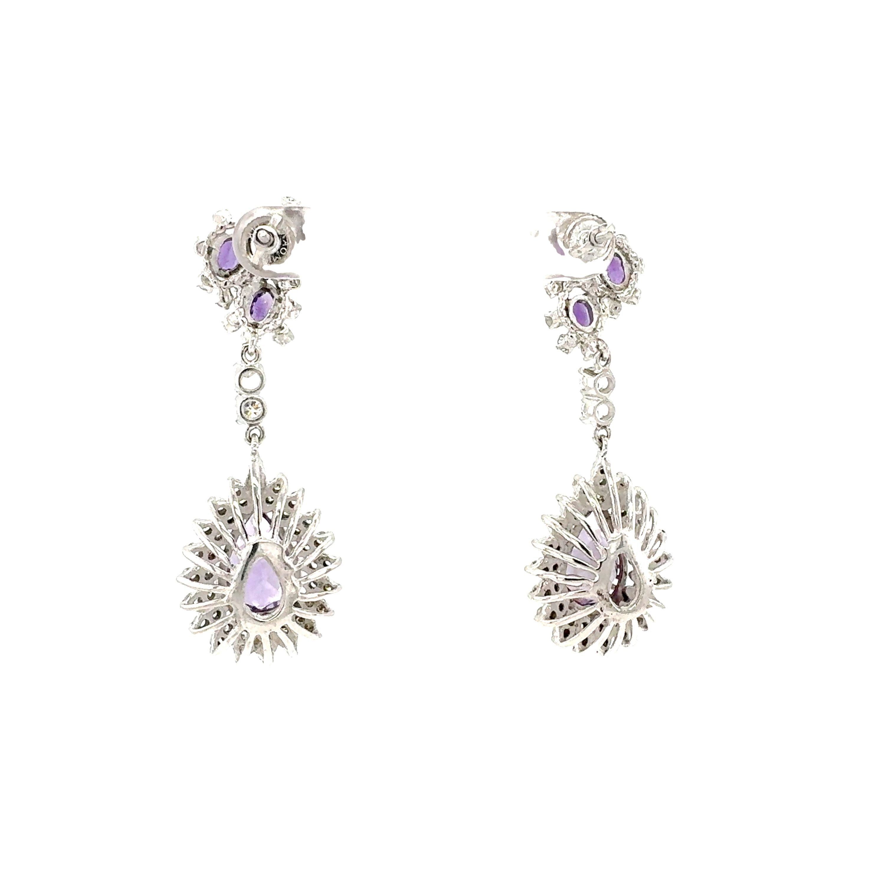 14K White Gold Amethyst and Diamond Dangle Earrings