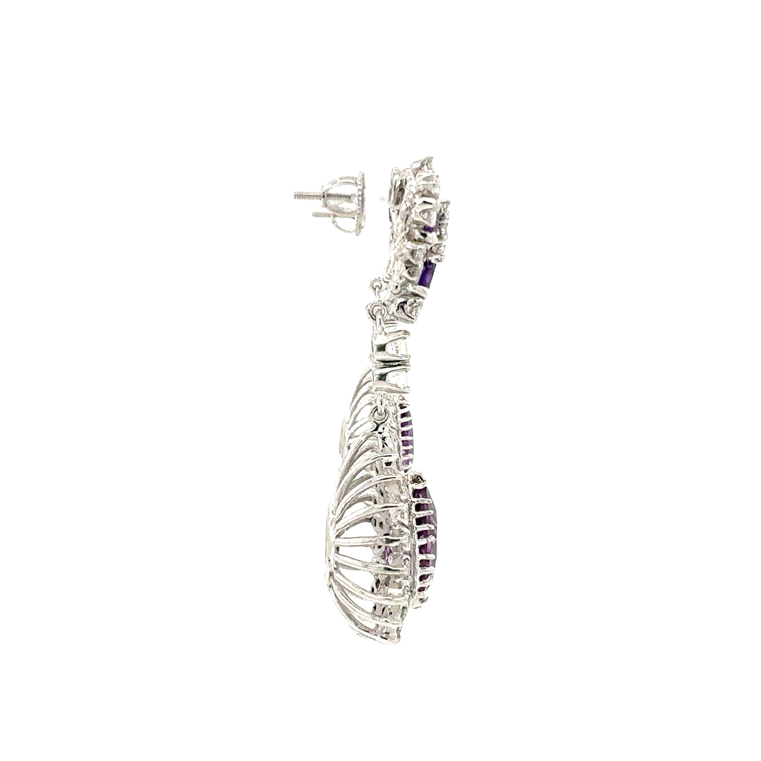 14K White Gold Amethyst and Diamond Dangle Earrings
