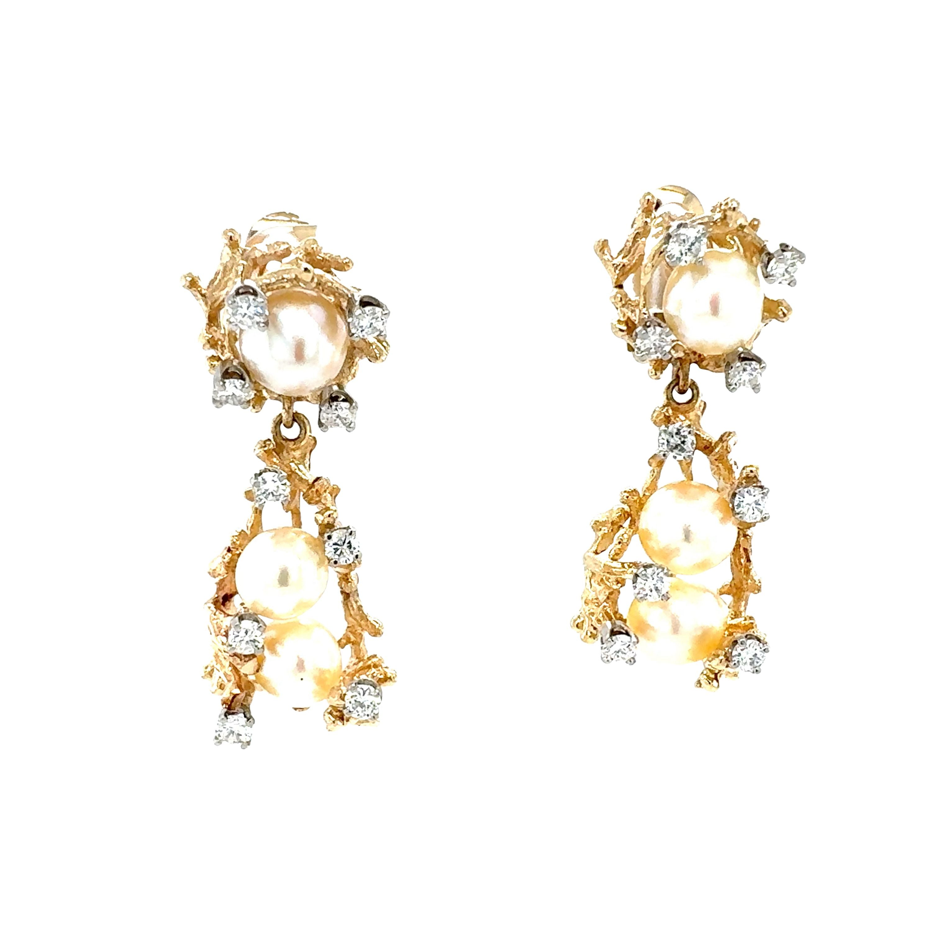14K Yellow Gold Diamond and Pearl Dangle Earrings