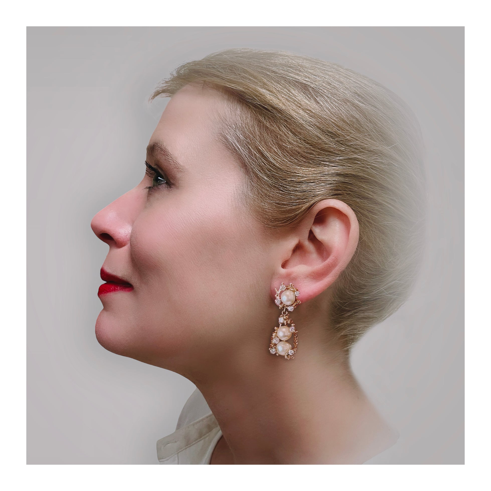 14K Yellow Gold Diamond and Pearl Dangle Earrings