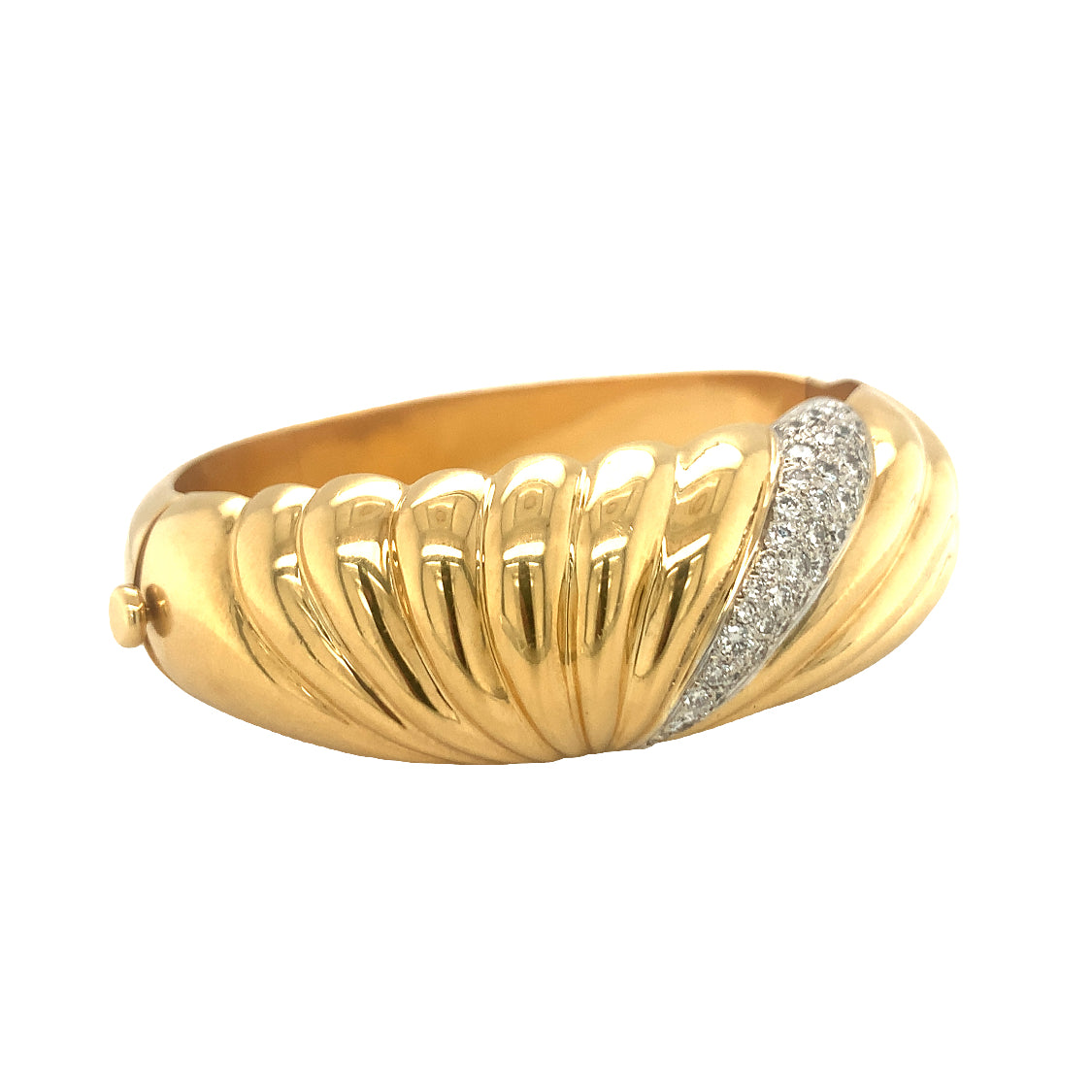 18K Yellow Gold Diamond Fluted Dome Bangle Bracelet