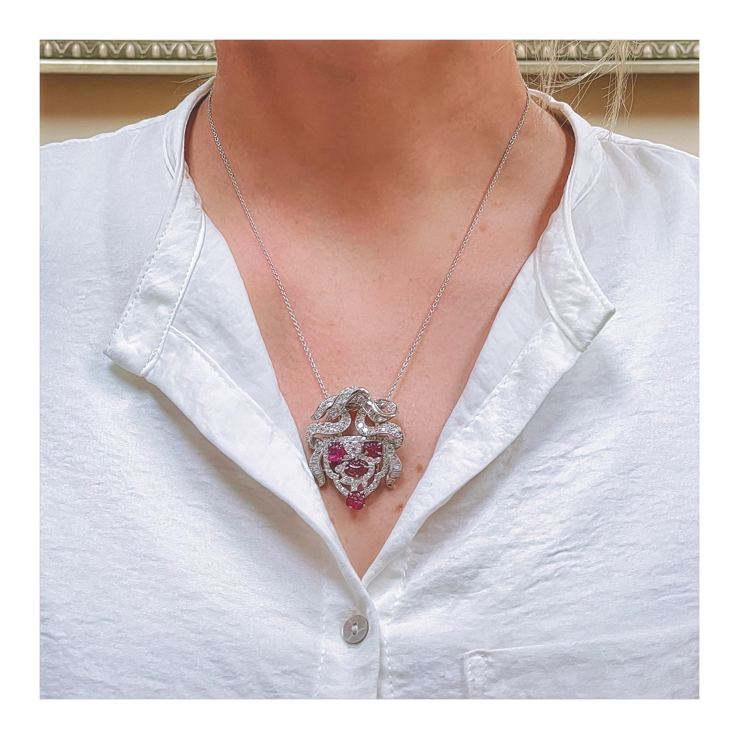 Art Deco Carved Ruby and Diamond Platinum Pendant