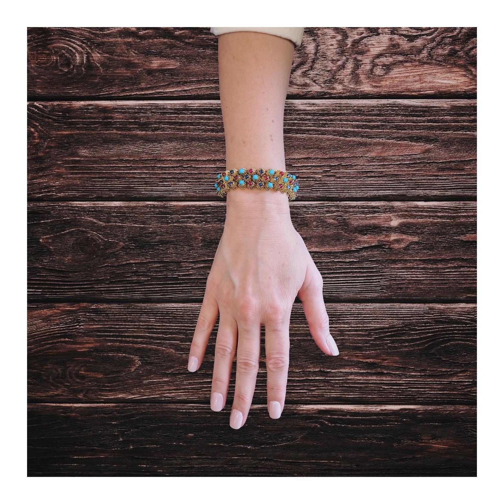 18K YELLOW GOLD RUBY, SAPPHIRE AND TURQUOISE BRACELET