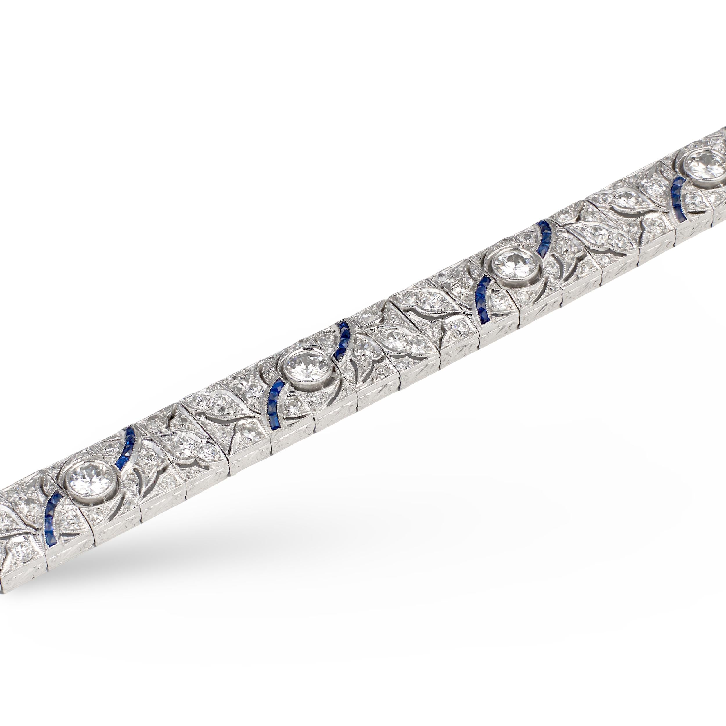 Art Deco Diamond and Sapphire Platinum Bracelet, circa 1930s