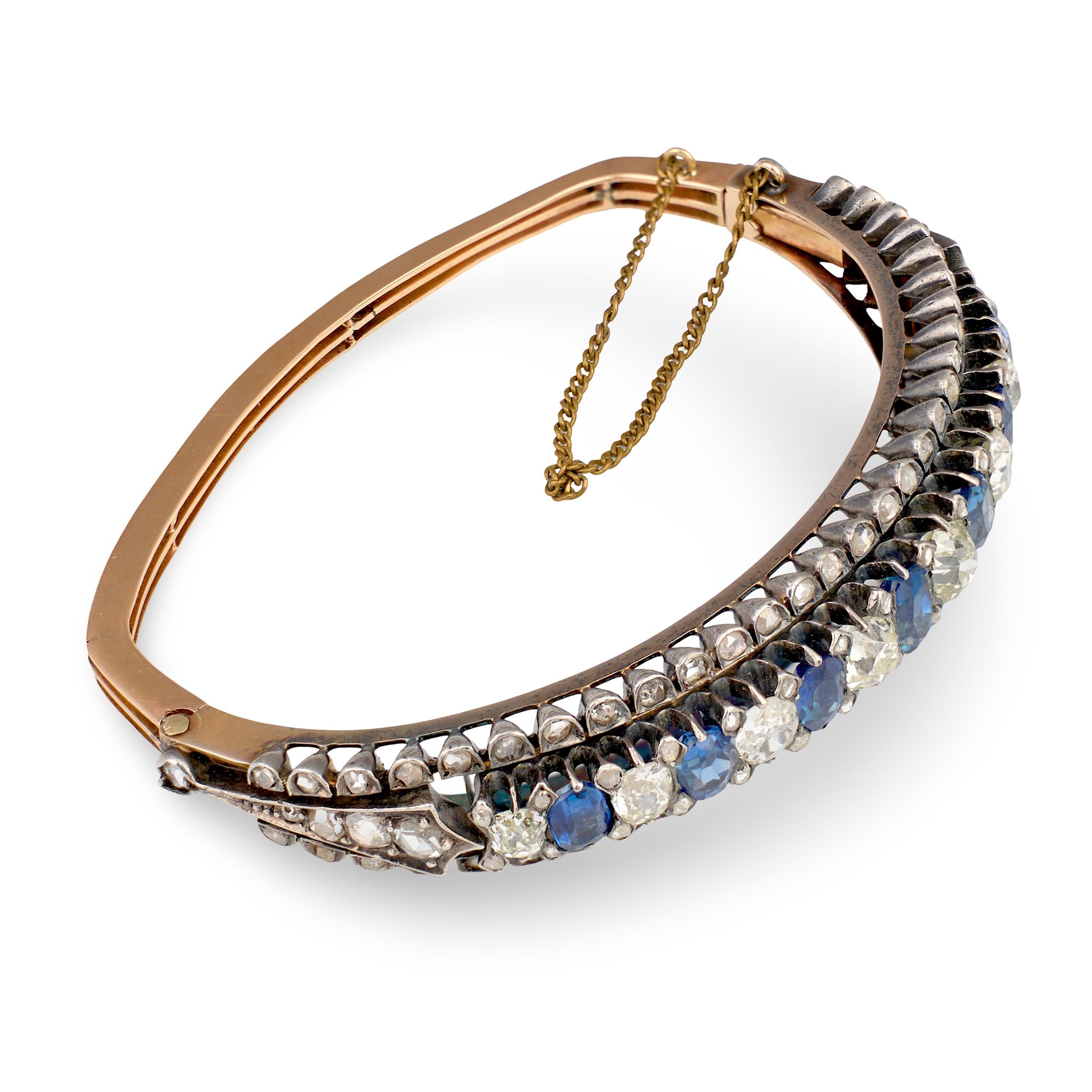 Victorian Sapphire and Diamond Cuff in Silver-Topped Gold, circa 1900s