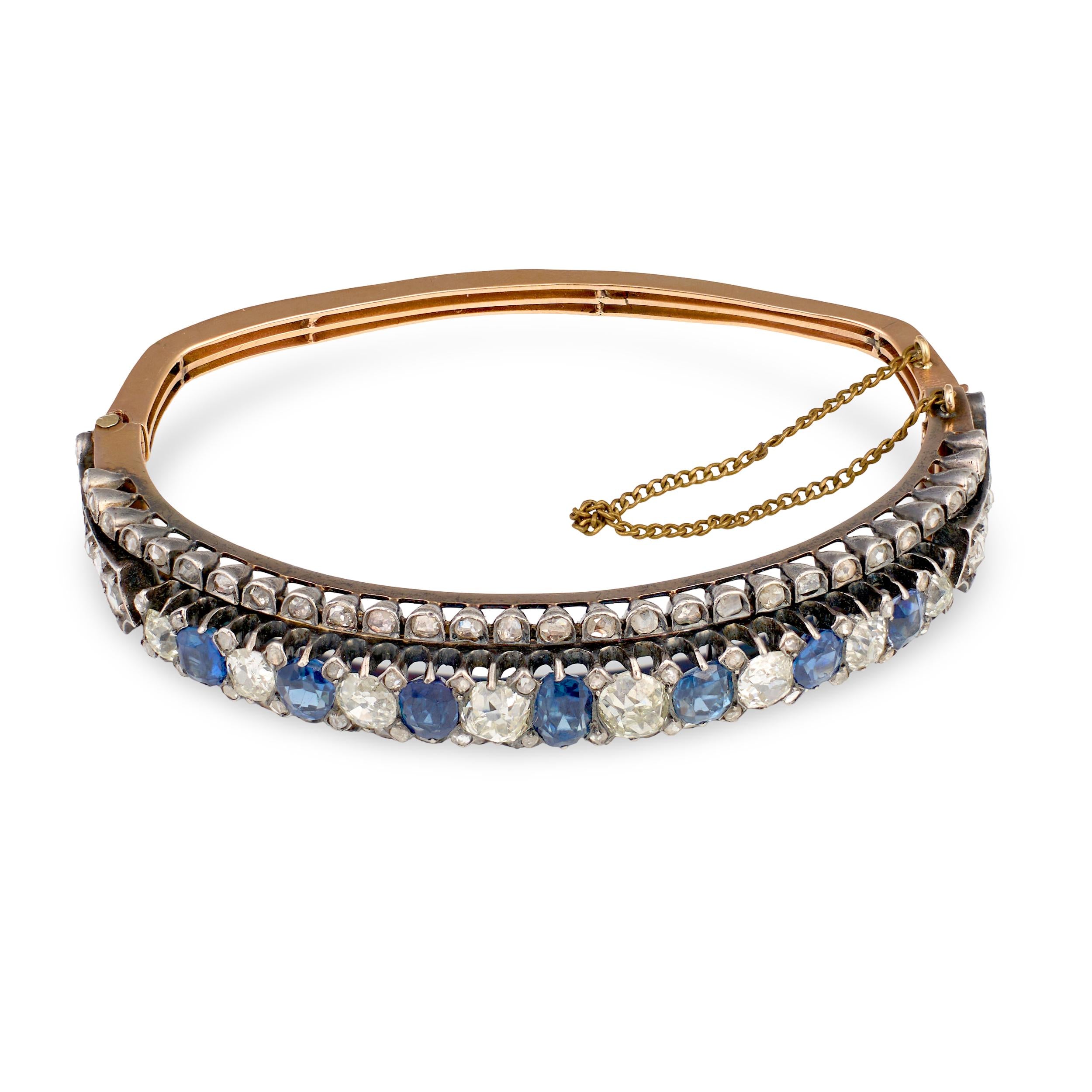 Victorian Sapphire and Diamond Cuff in Silver-Topped Gold, circa 1900s