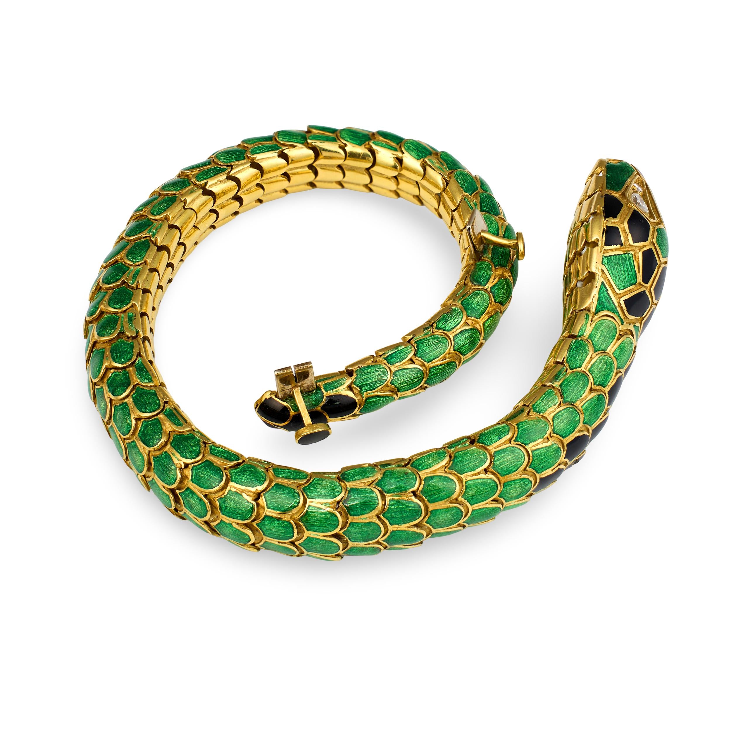 Snake Motif Enamel 18K Yellow Gold Coil Bracelet, circa 1960s