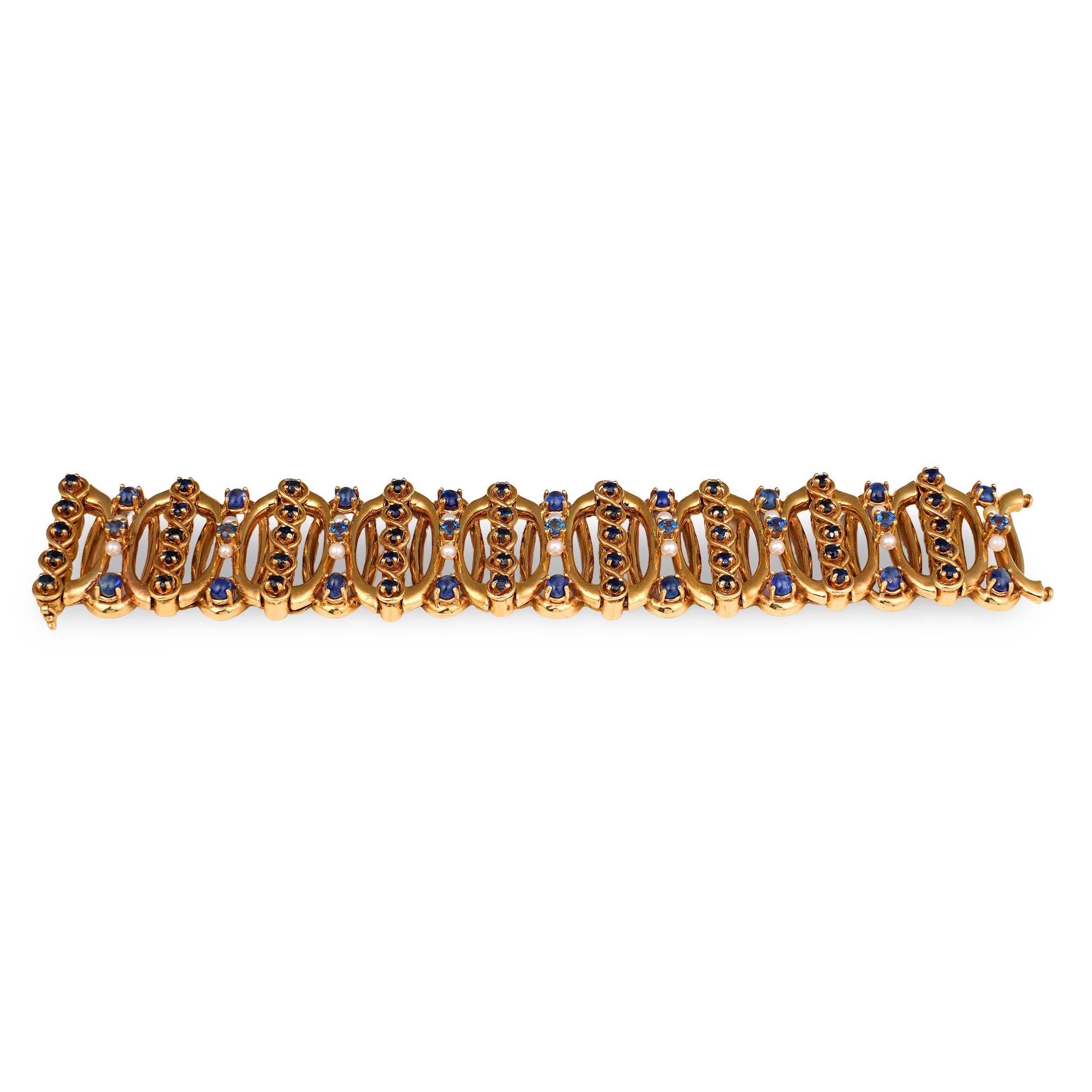 Retro Sapphire and Pearl 14k Yellow Gold Bracelet, circa 1940s