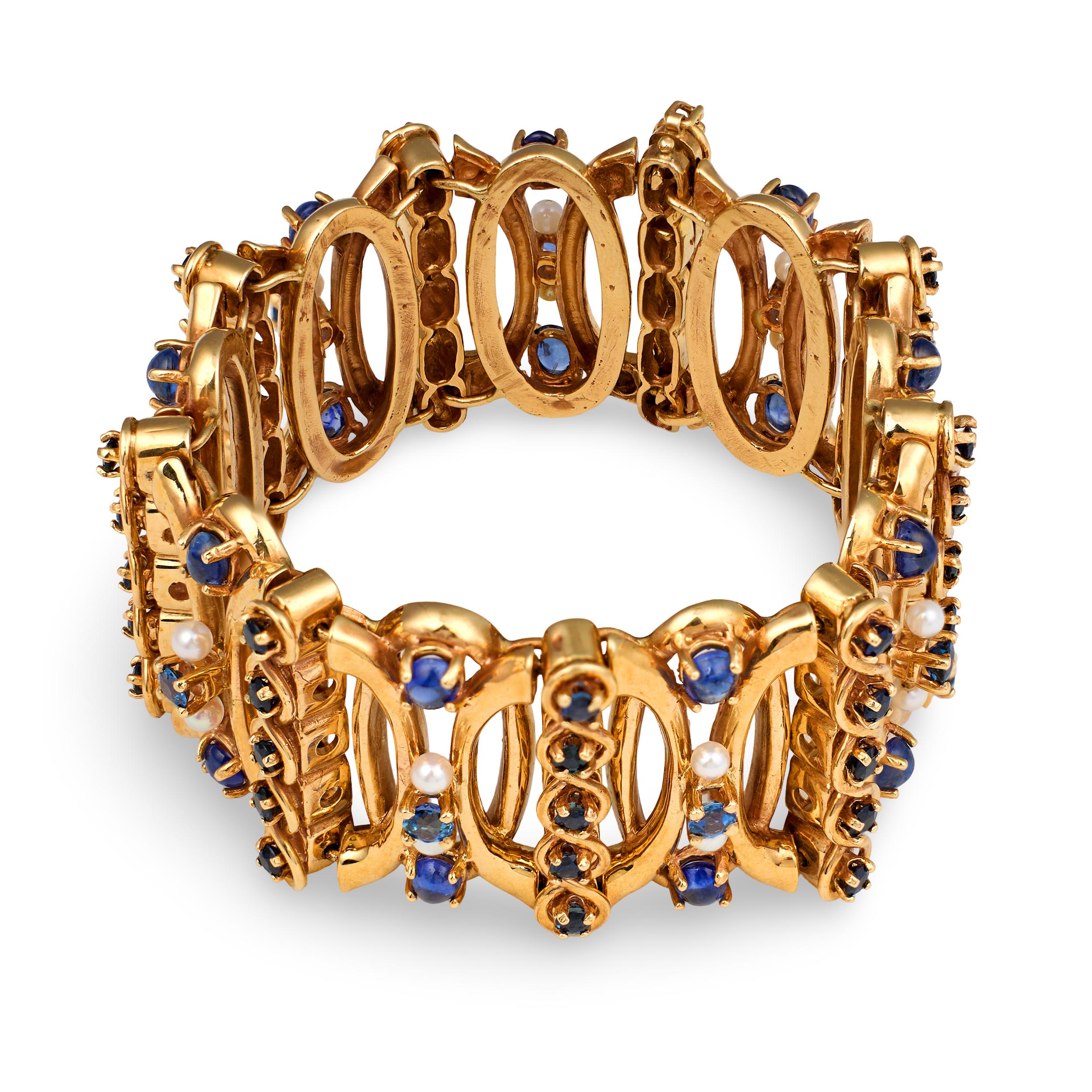 Retro Sapphire and Pearl 14k Yellow Gold Bracelet, circa 1940s