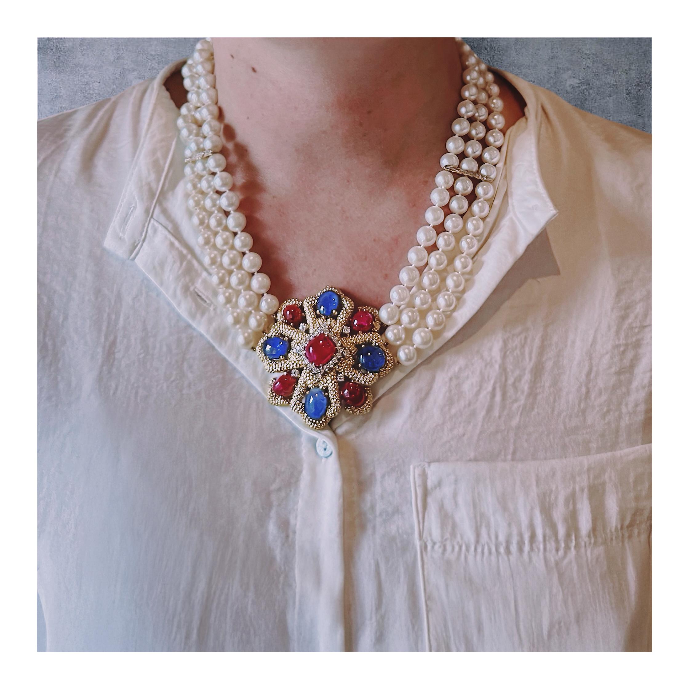 18K YELLOW GOLD RUBY, SAPPHIRE, DIAMOND AND PEARL NECKLACE