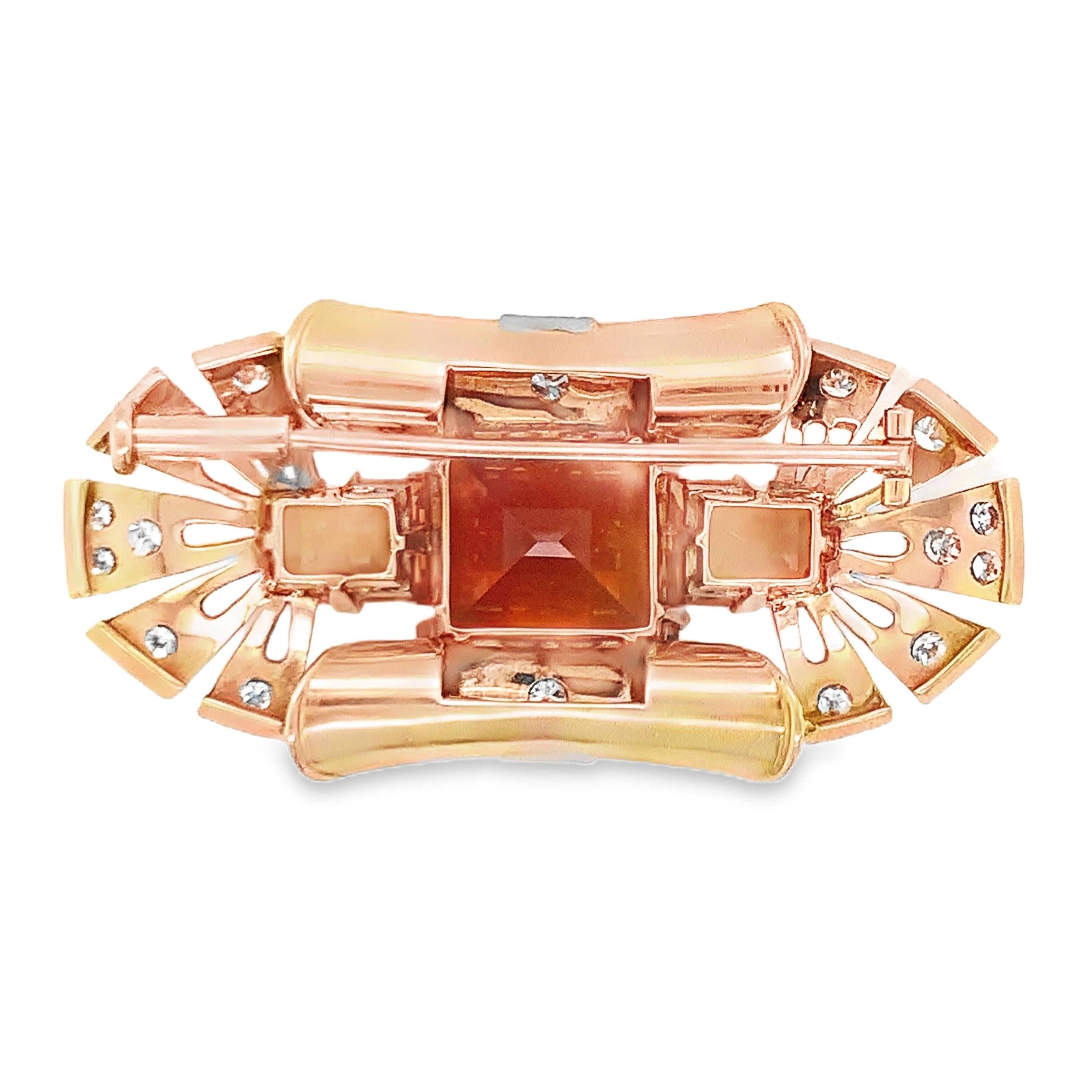 Retro Period Citrine and Diamond Brooch in 14K Gold, circa 1940s