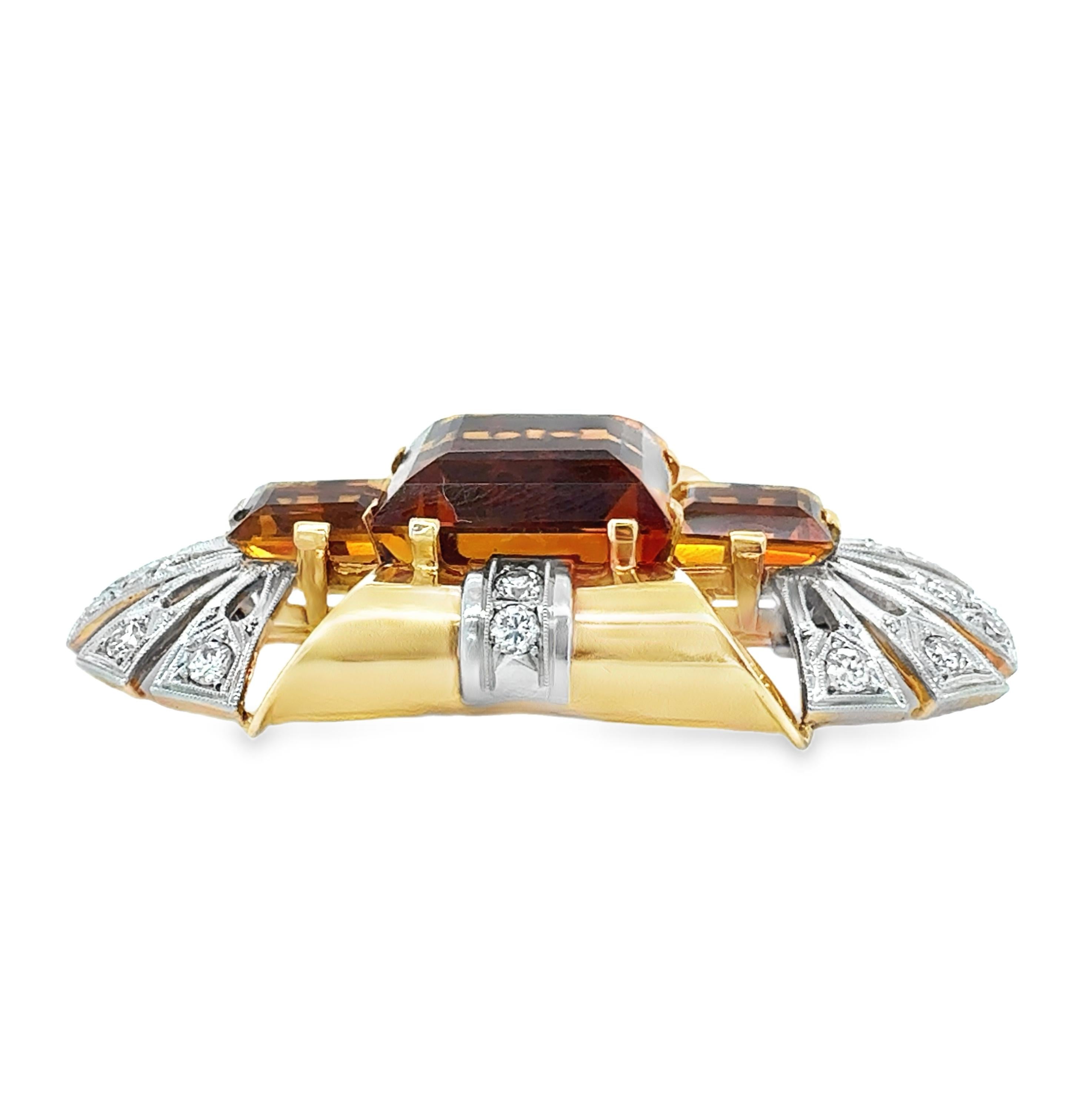 Retro Period Citrine and Diamond Brooch in 14K Gold, circa 1940s