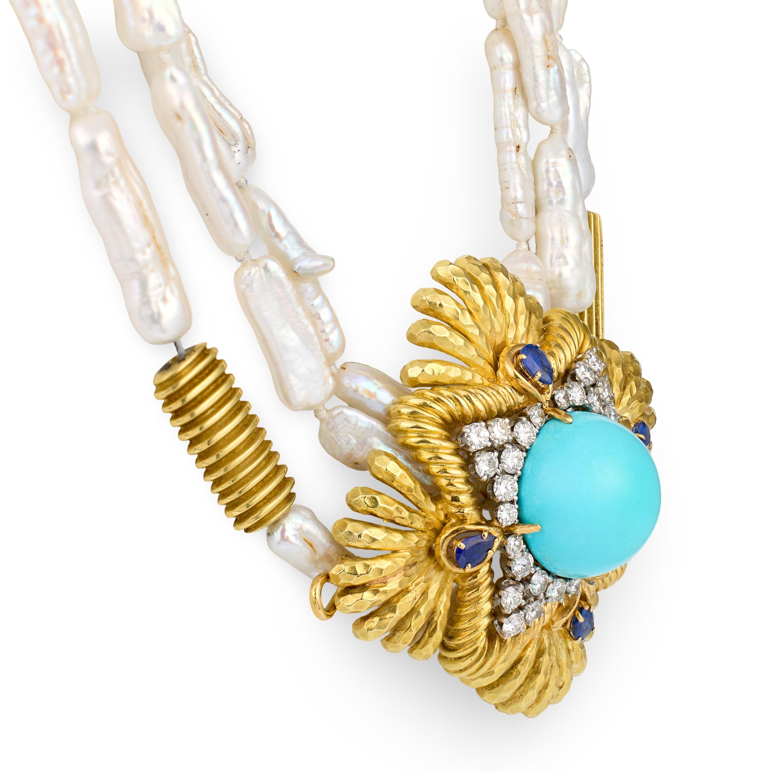 Turquoise, Diamond, Sapphire and Pearl 18K Gold Pendant / Brooch