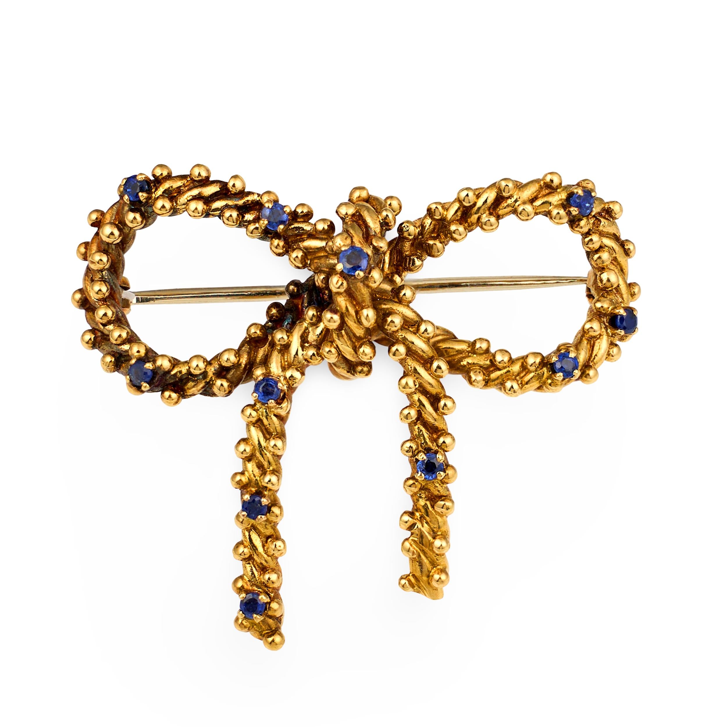 Sapphire Bow 18k Yellow Gold Brooch by Tiffany & Co., circa 1970s