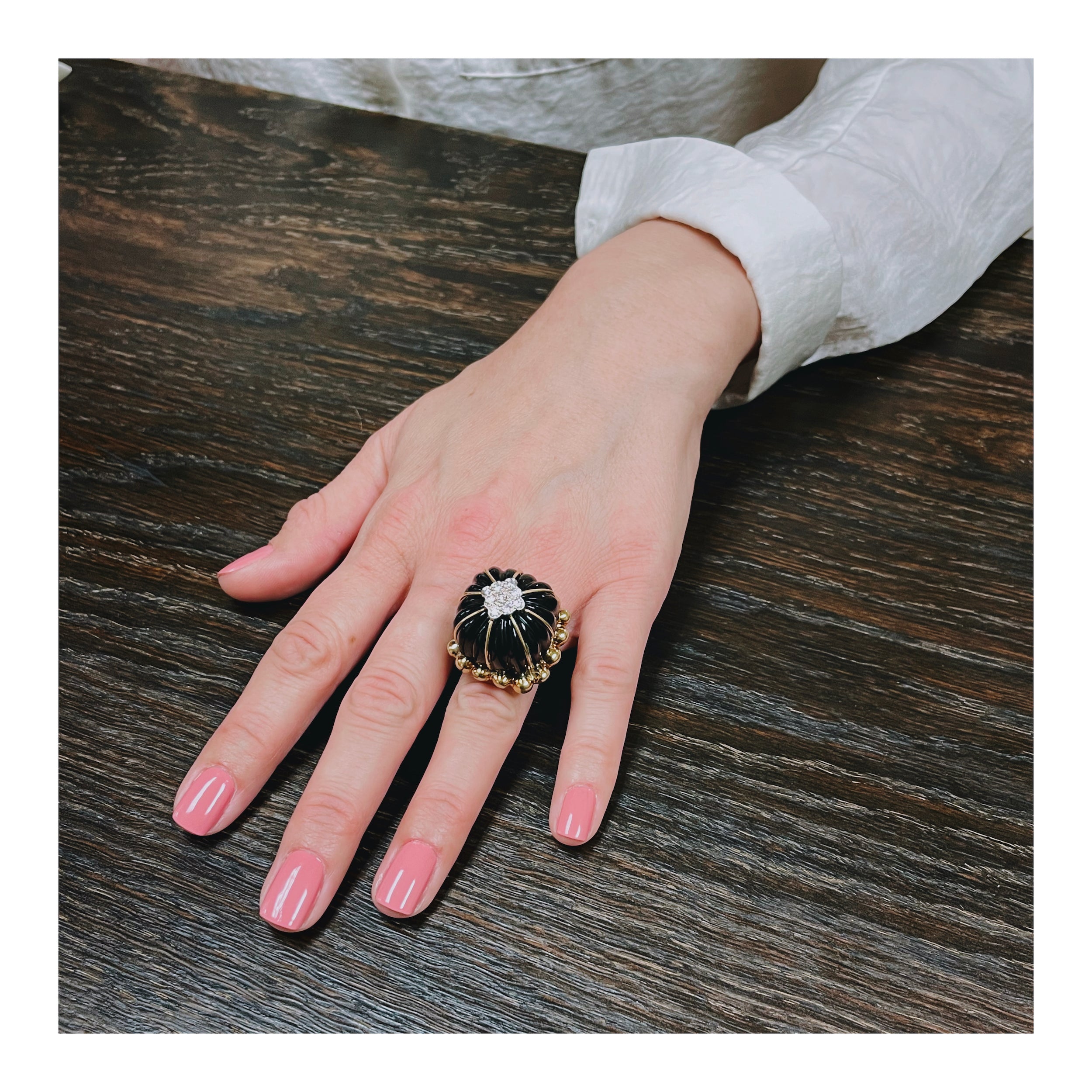 Black Onyx and Diamond 18K Yellow Gold Ring