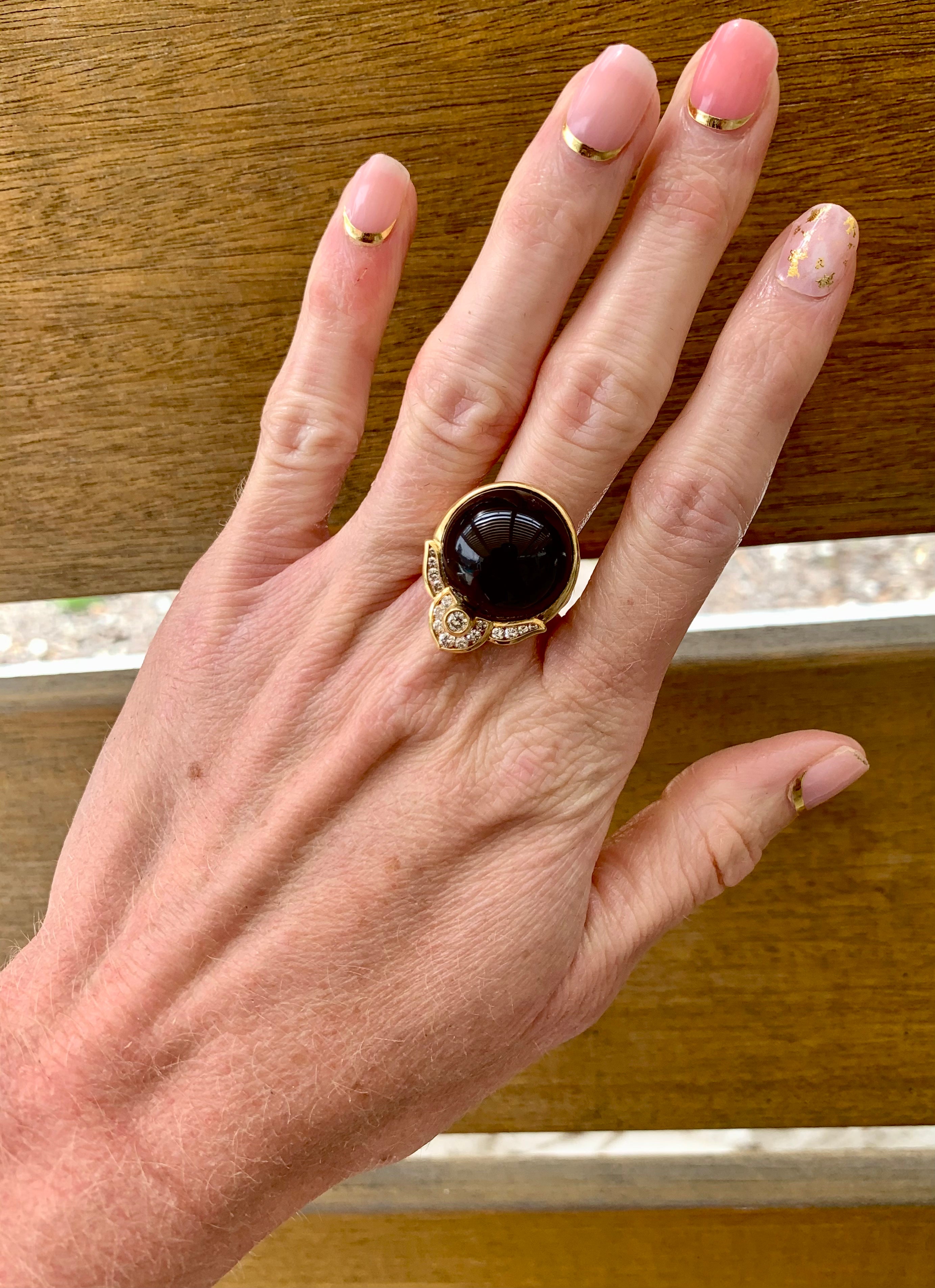 Black Onyx and Diamond 18K Yellow Gold Ring, circa 1970s