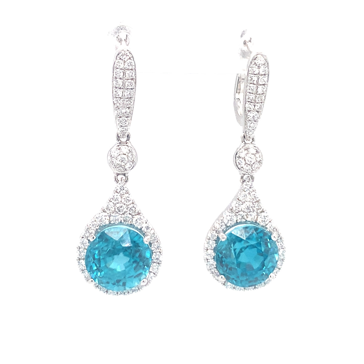 Blue Zircon and Diamond Dangle 18K White Gold Earrings, circa 1980s
