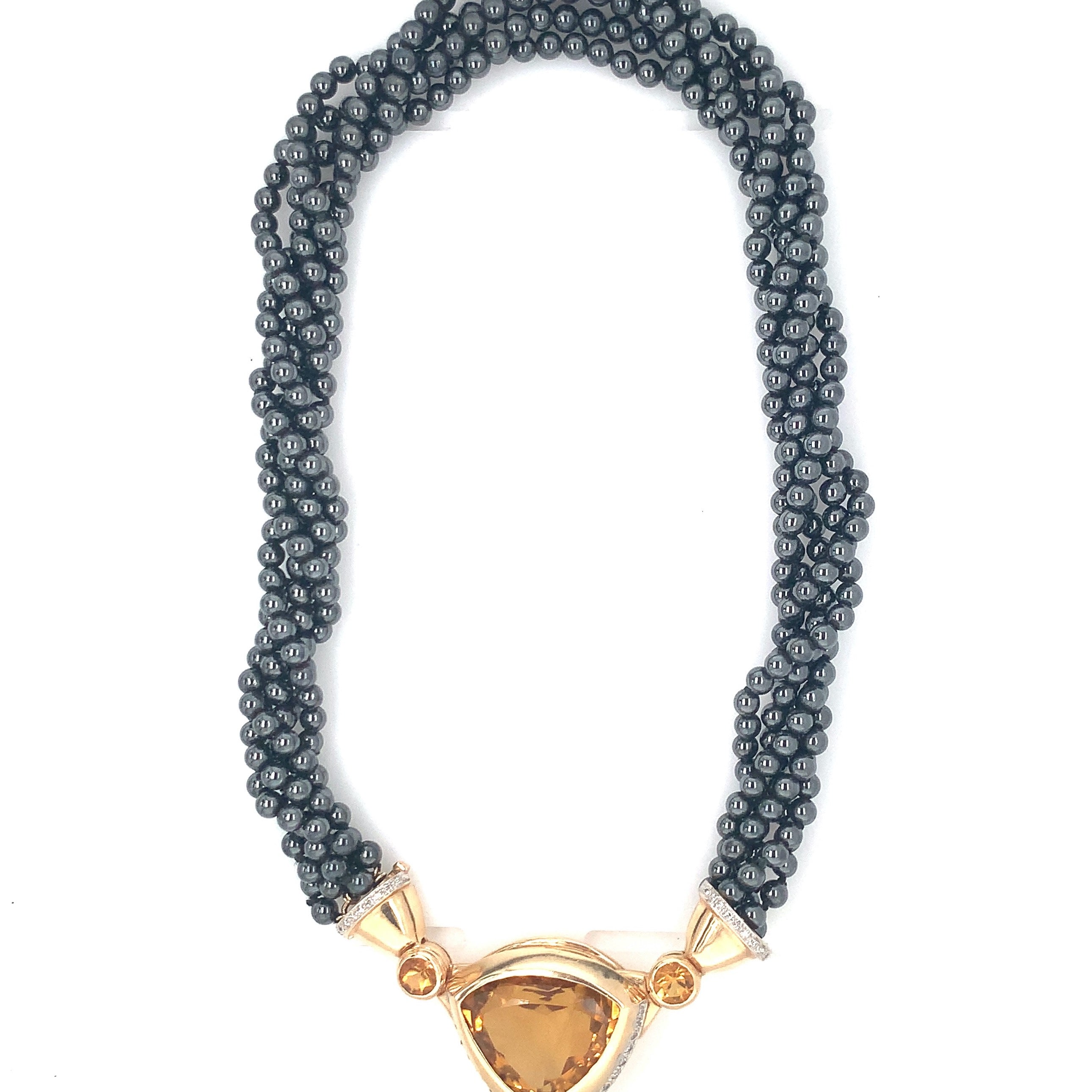 Citrine, Diamond and Hematite Bead and 14k Yellow Gold Necklace, circa 1970s