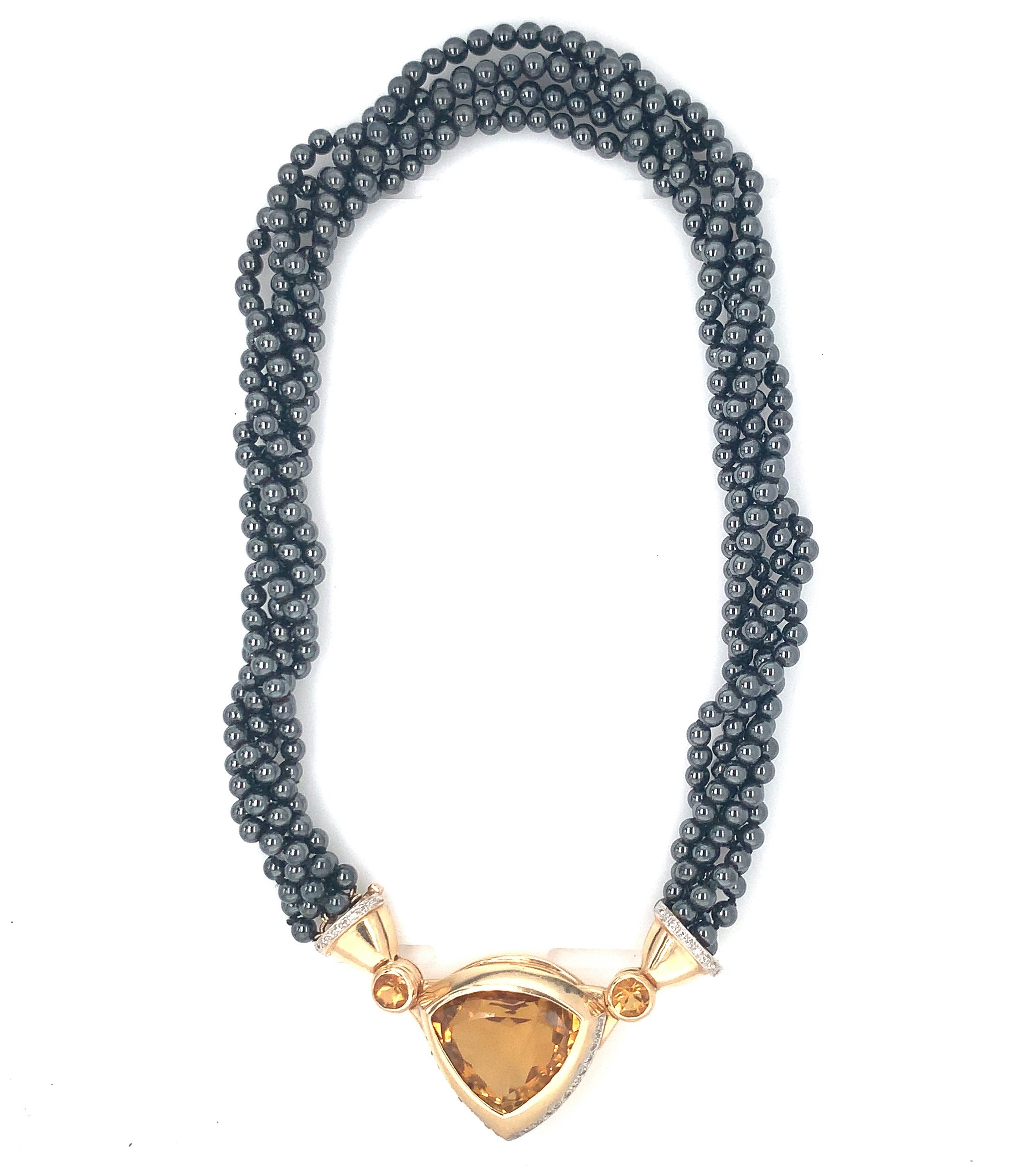 Citrine, Diamond and Hematite Bead and 14k Yellow Gold Necklace, circa 1970s