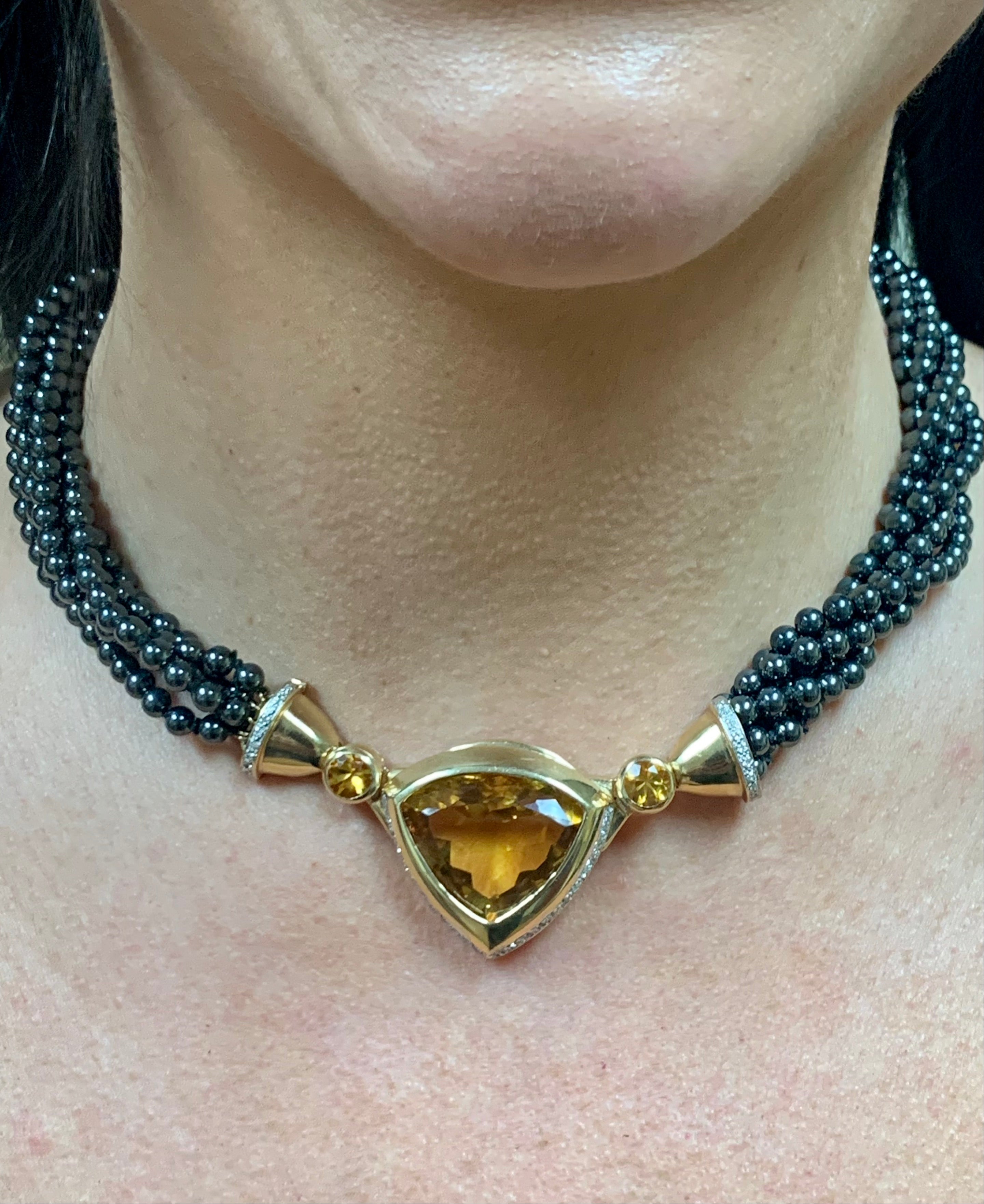 Citrine, Diamond and Hematite Bead and 14k Yellow Gold Necklace, circa 1970s