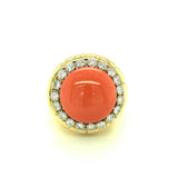 Deep Pink Coral and Diamond Ring in 18K Yellow Gold, circa 1970s