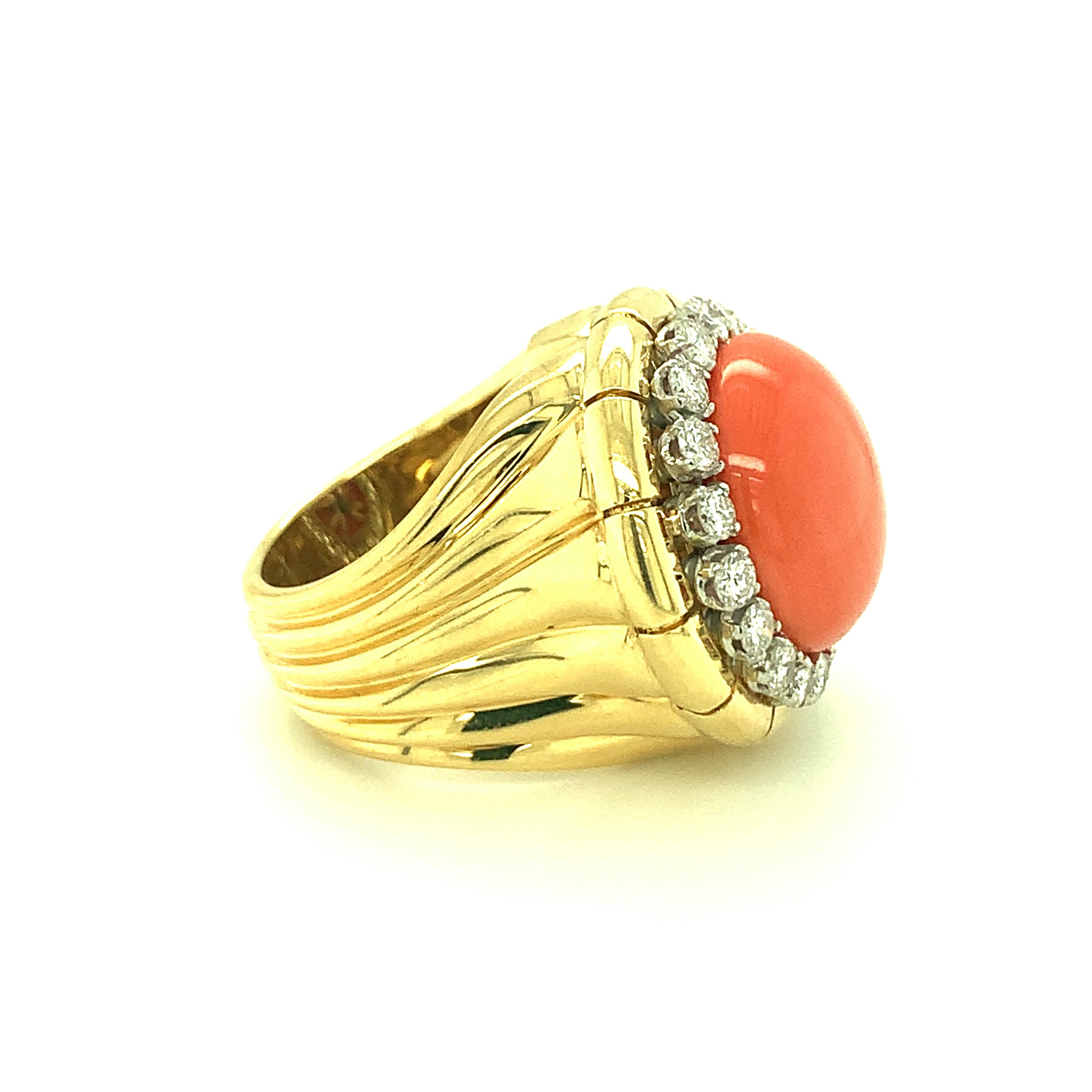Deep Pink Coral and Diamond Ring in 18K Yellow Gold, circa 1970s