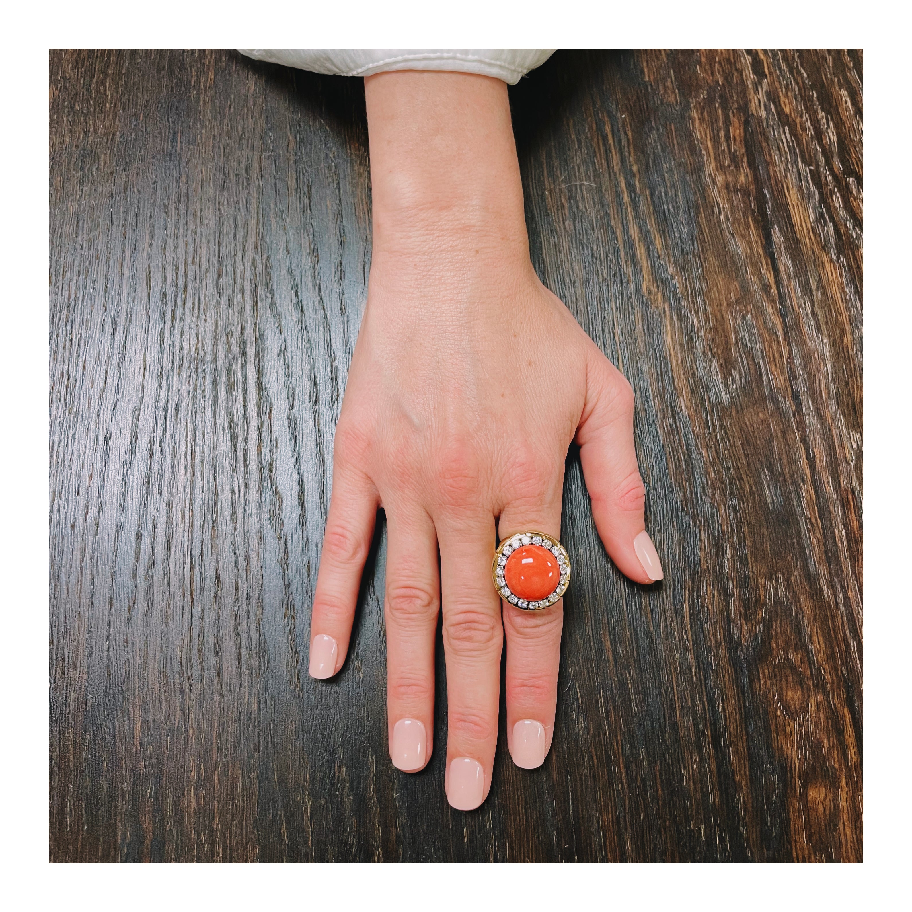 Deep Pink Coral and Diamond Ring in 18K Yellow Gold, circa 1970s