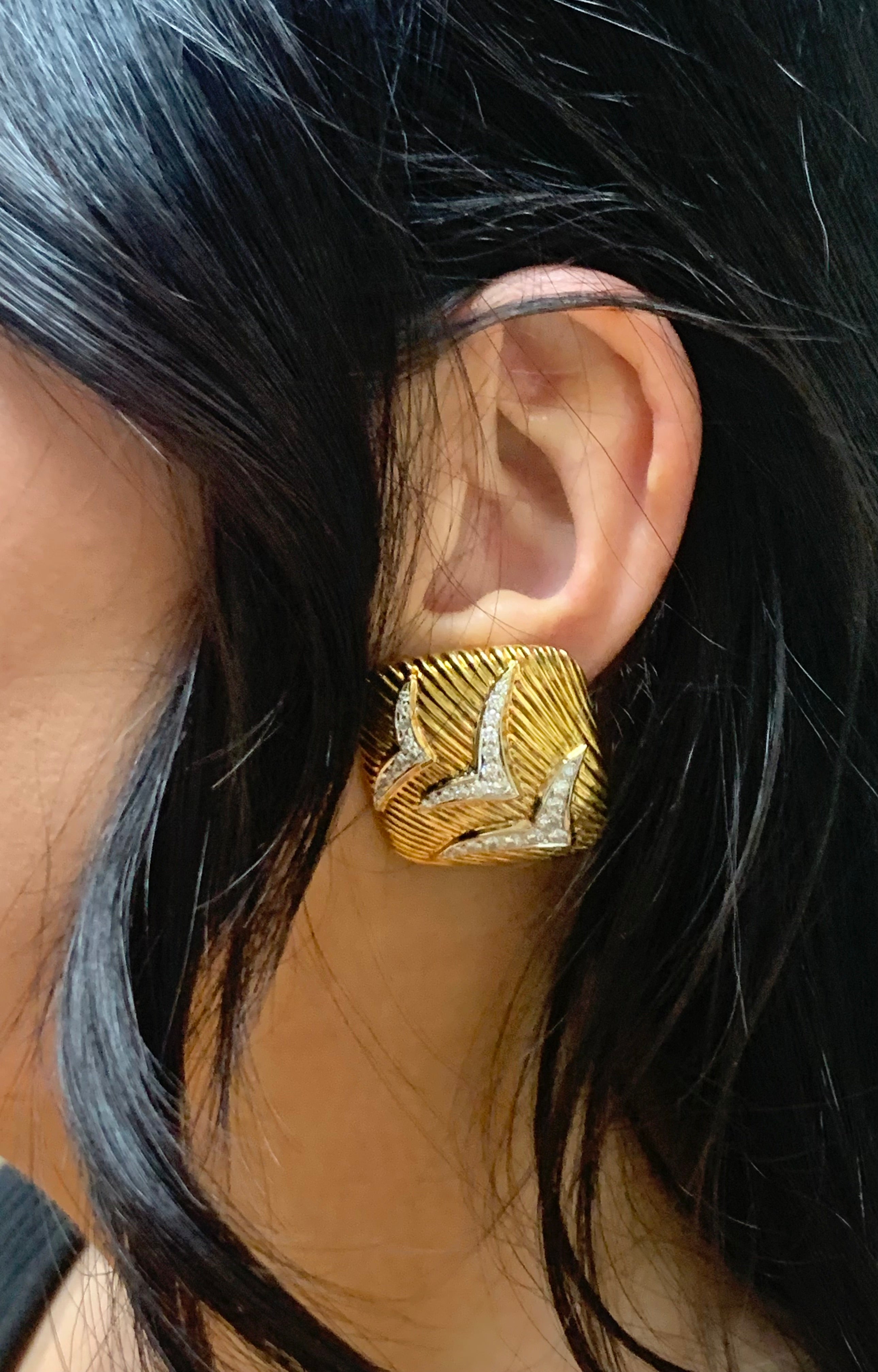 Diamond 18k Yellow Gold Earclips, circa 1960s