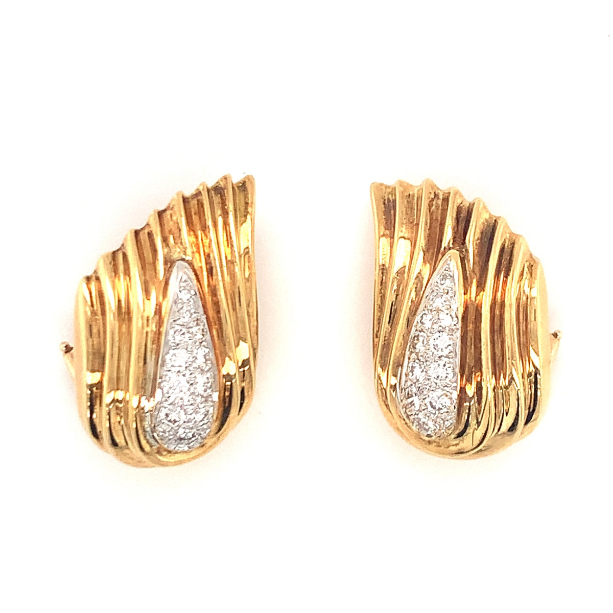 Diamond Fluted 18k Yellow Gold Earrings, circa 1960s