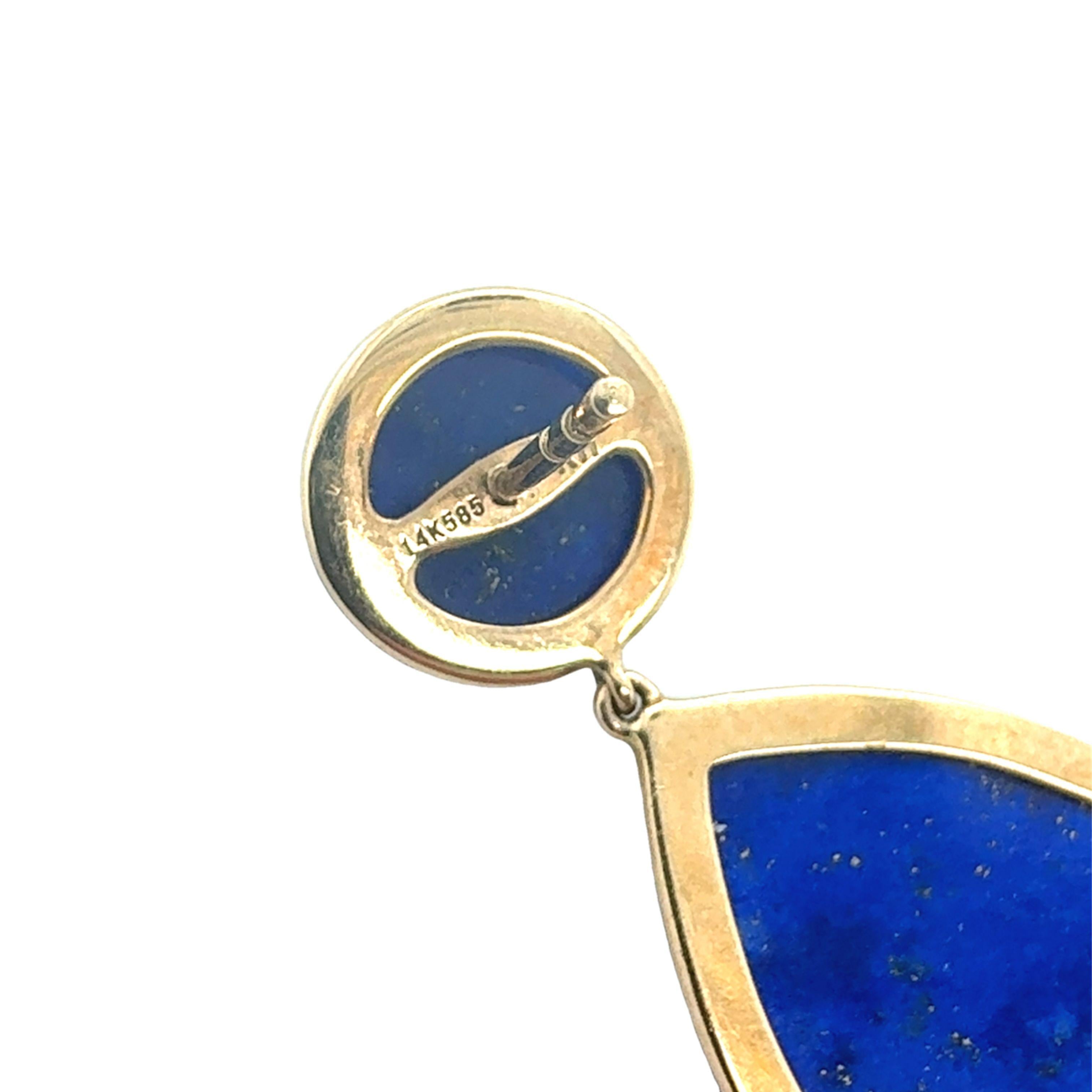 14K YELLOW GOLD LAPIS LAZULI AND DIAMOND DANGLING EARRINGS