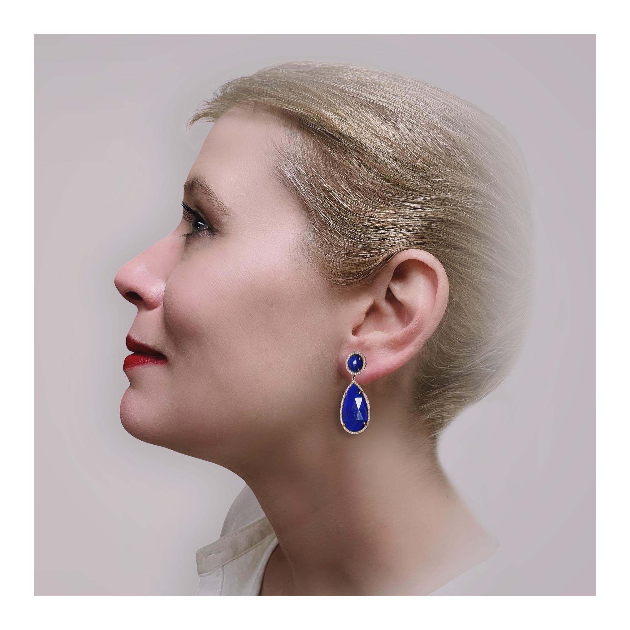 14K YELLOW GOLD LAPIS LAZULI AND DIAMOND DANGLING EARRINGS