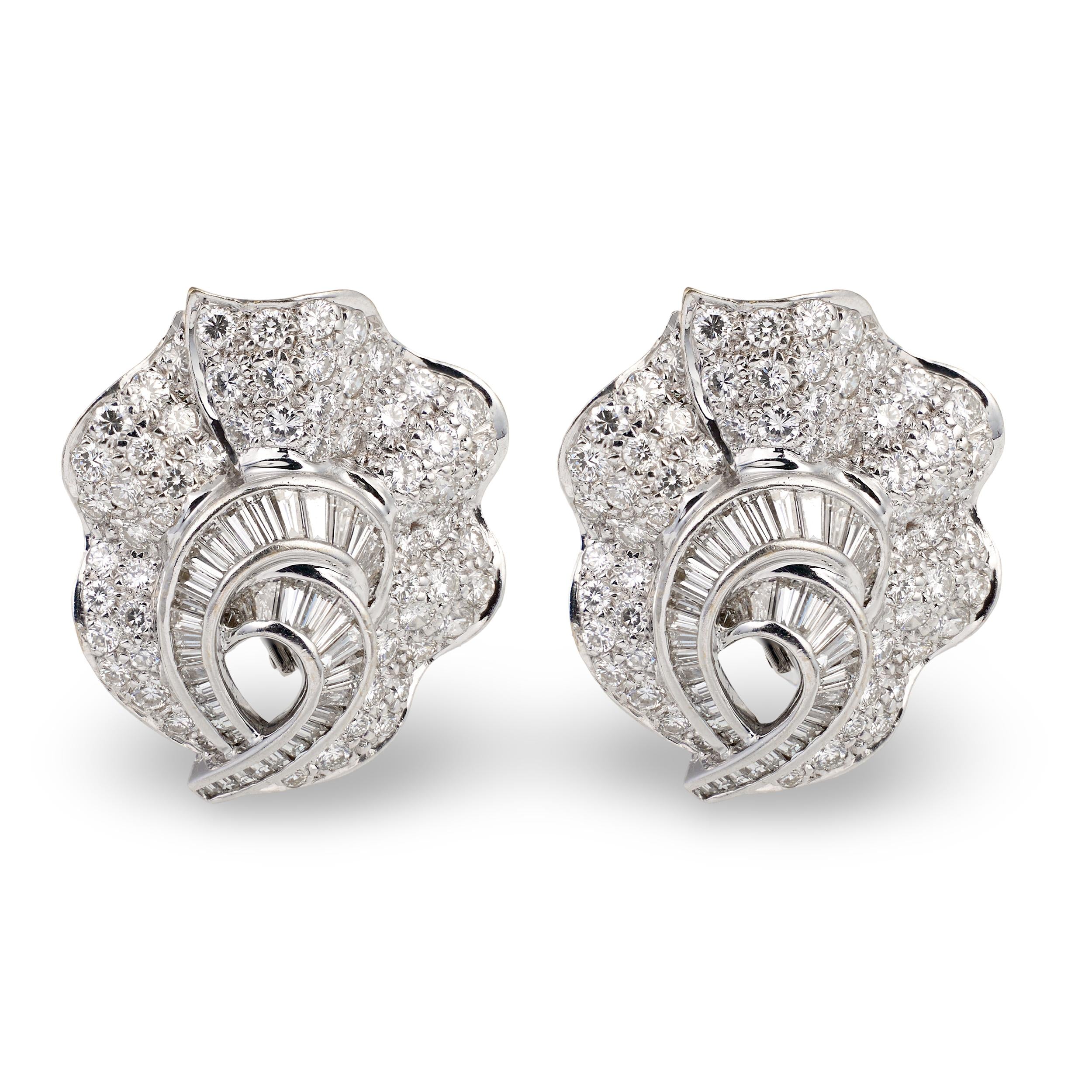 Mid-Century Pave Diamond 18k White Gold Earrings, circa 1950s