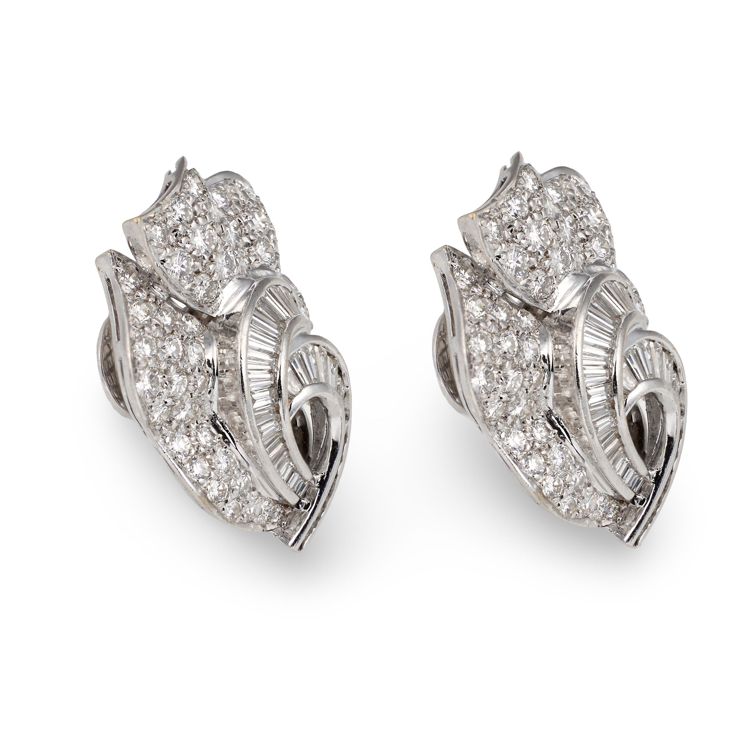 Mid-Century Pave Diamond 18k White Gold Earrings, circa 1950s