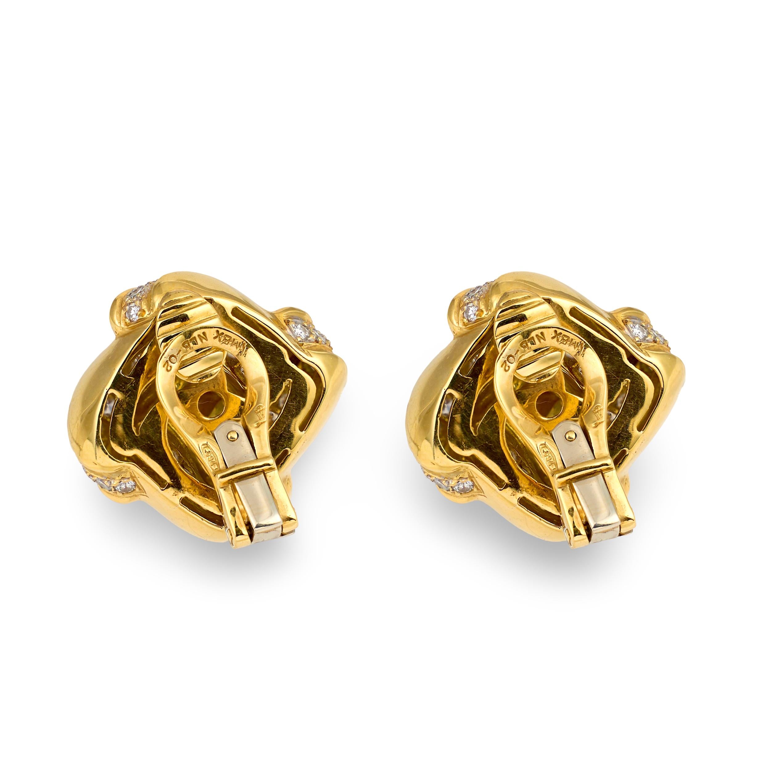 Diamond 18k Yellow Gold Knot Earclips, circa 1960s