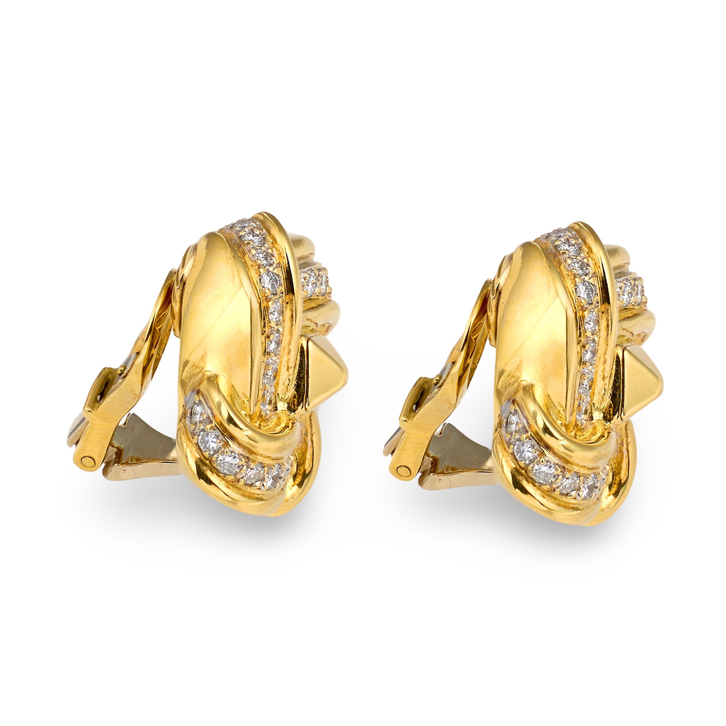 Diamond 18k Yellow Gold Knot Earclips, circa 1960s