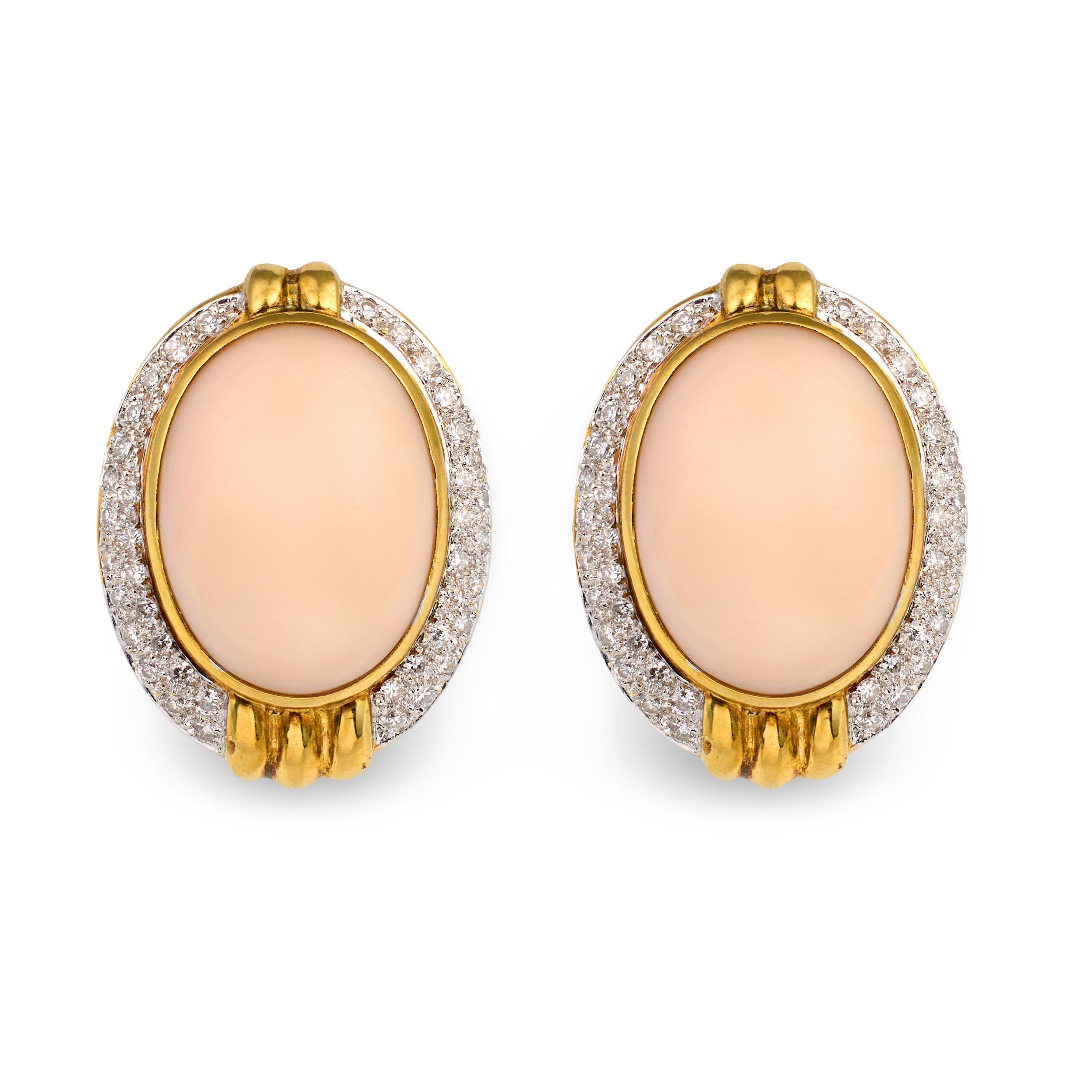 Pink Coral and Diamond 18K Yellow Gold Earrings, circa 1960s