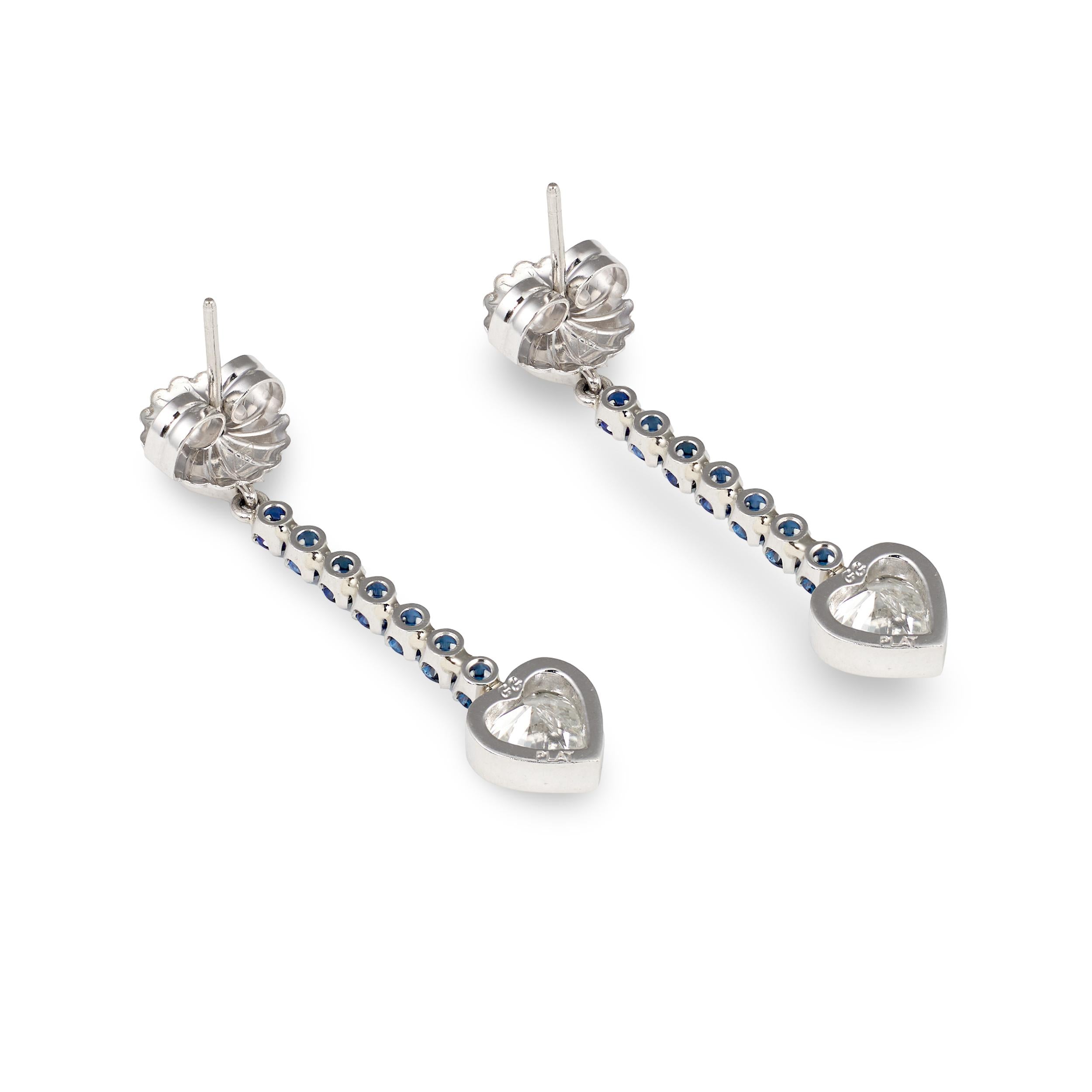 Heart Diamond and Sapphire Dangling Platinum Earrings