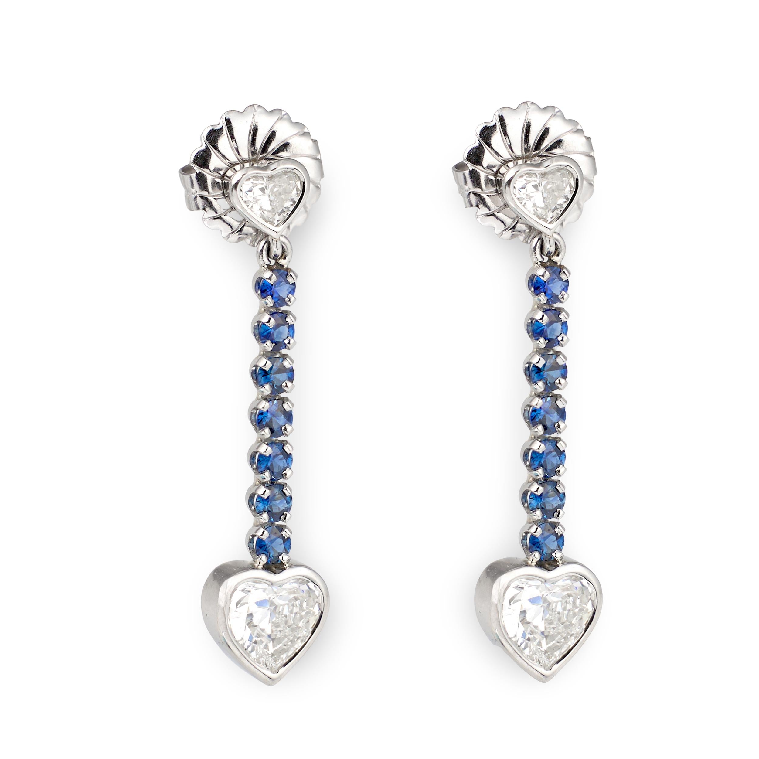 Heart Diamond and Sapphire Dangling Platinum Earrings
