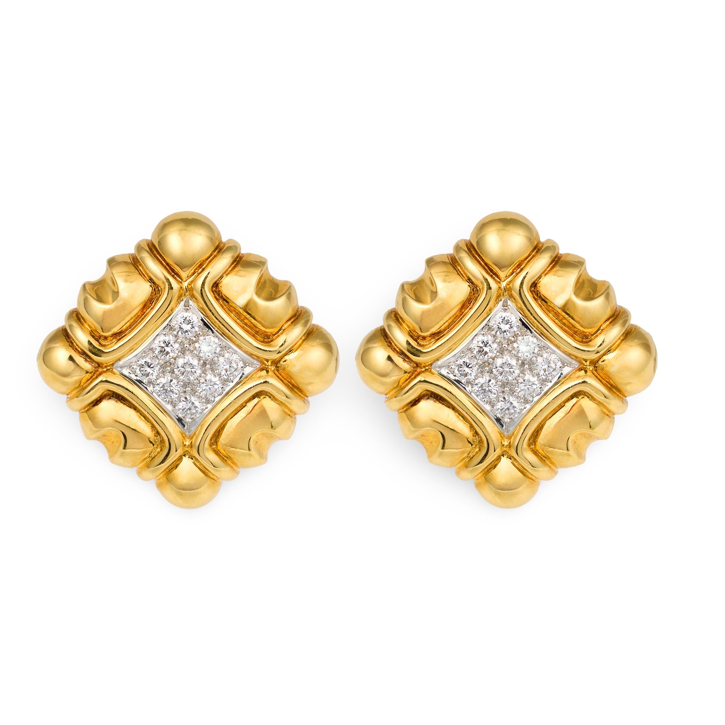 Diamond Platinum and Gold Earclips, circa 1970s