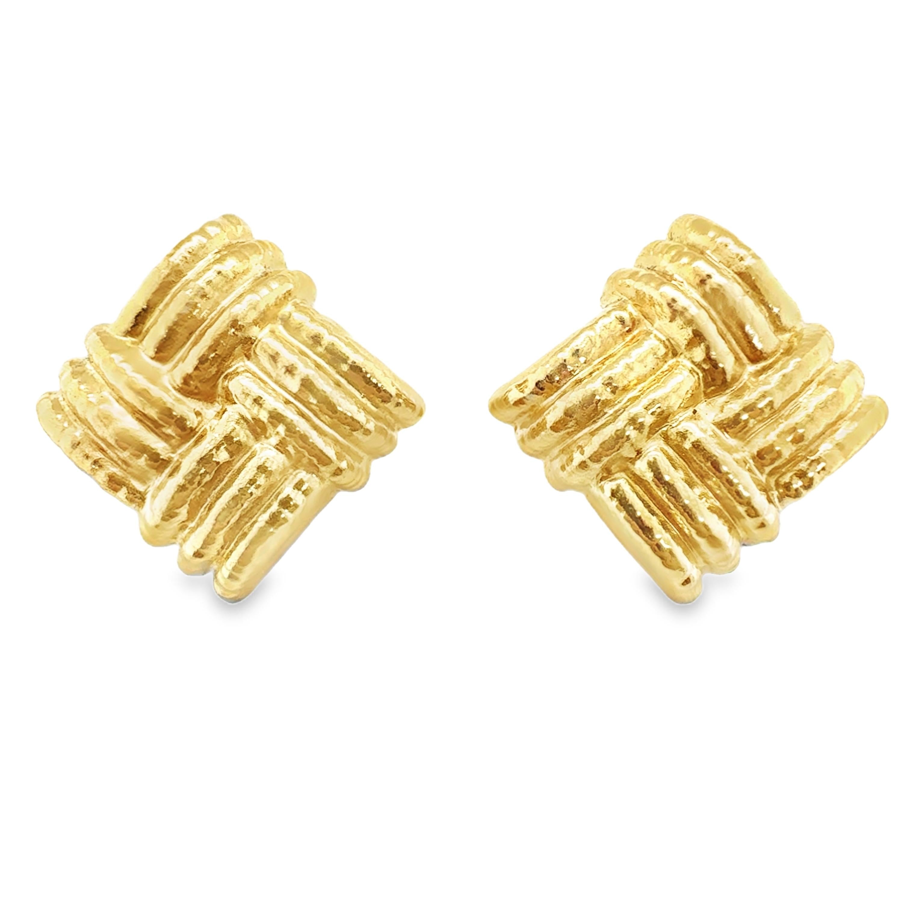 Vintage Italian 18K Yellow Gold Hammered Ear Clips, Bold 1970s Square Design