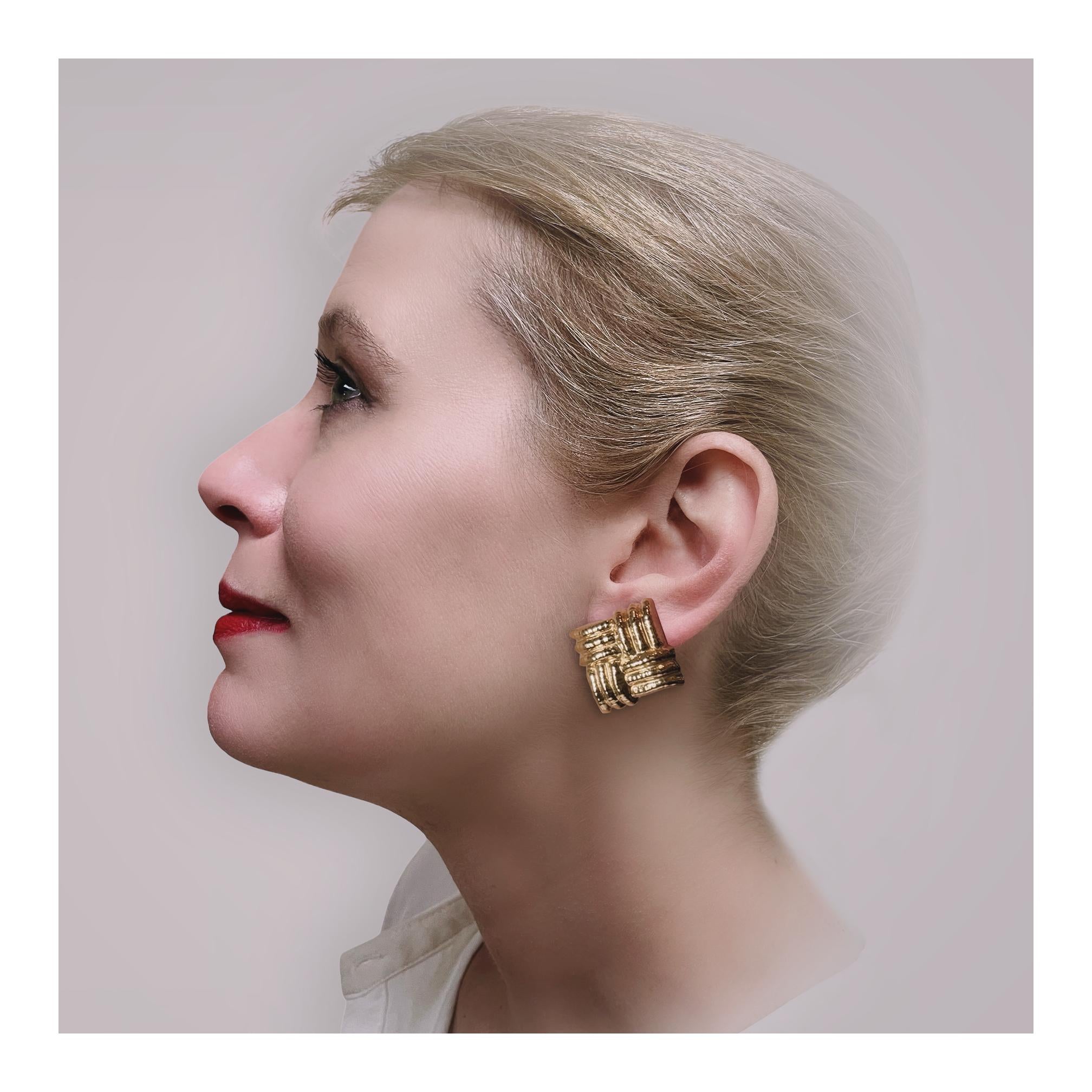 Vintage Italian 18K Yellow Gold Hammered Ear Clips, Bold 1970s Square Design