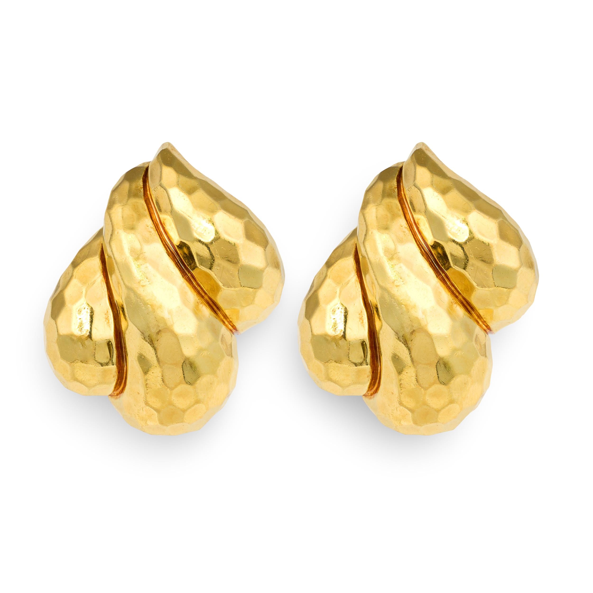 Hammered 18K Yellow Gold Earclips by Henry Dunay, circa 1970s