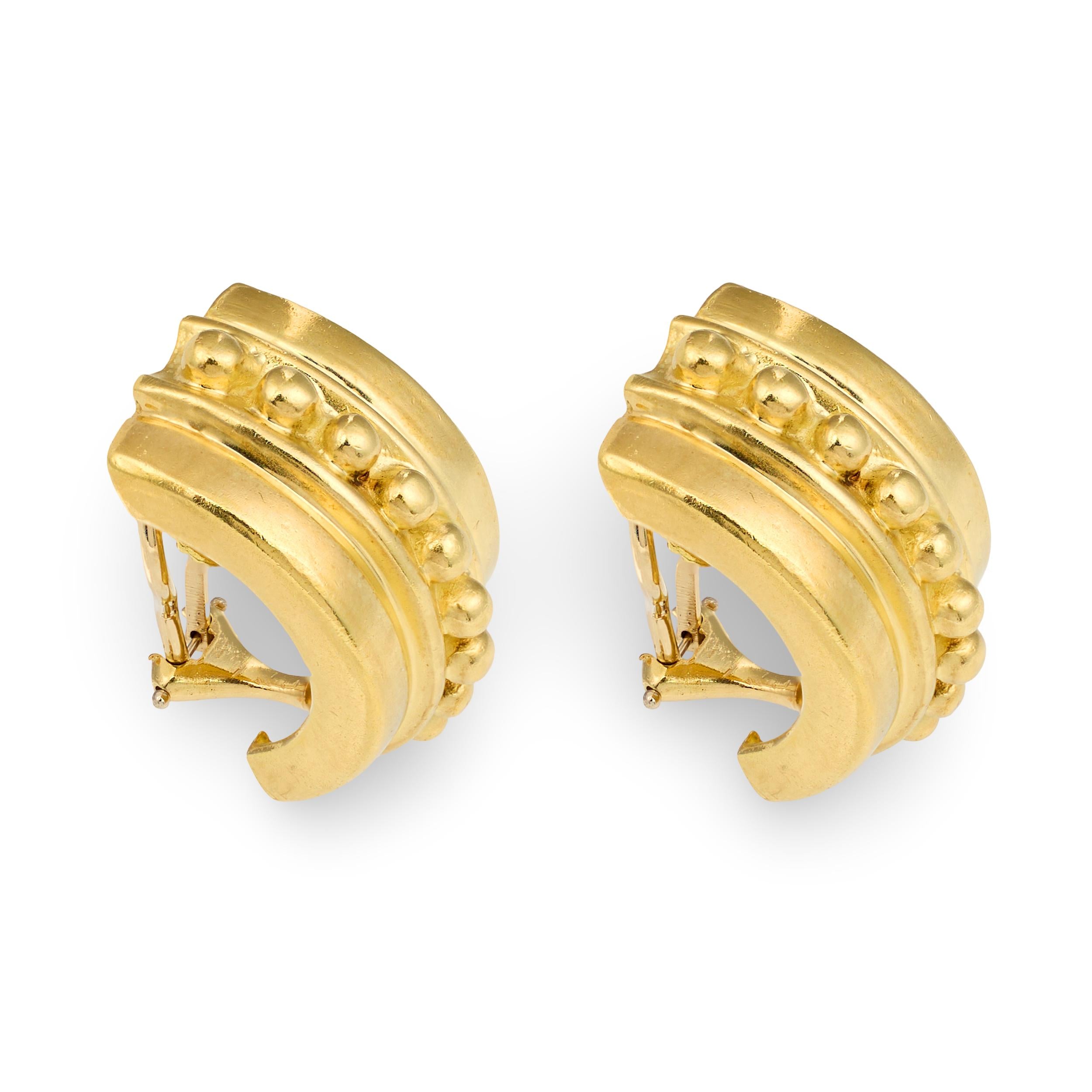 Vintage 18K Yellow Gold Half-Hoop Earclips with Beadwork, Circa 1960s
