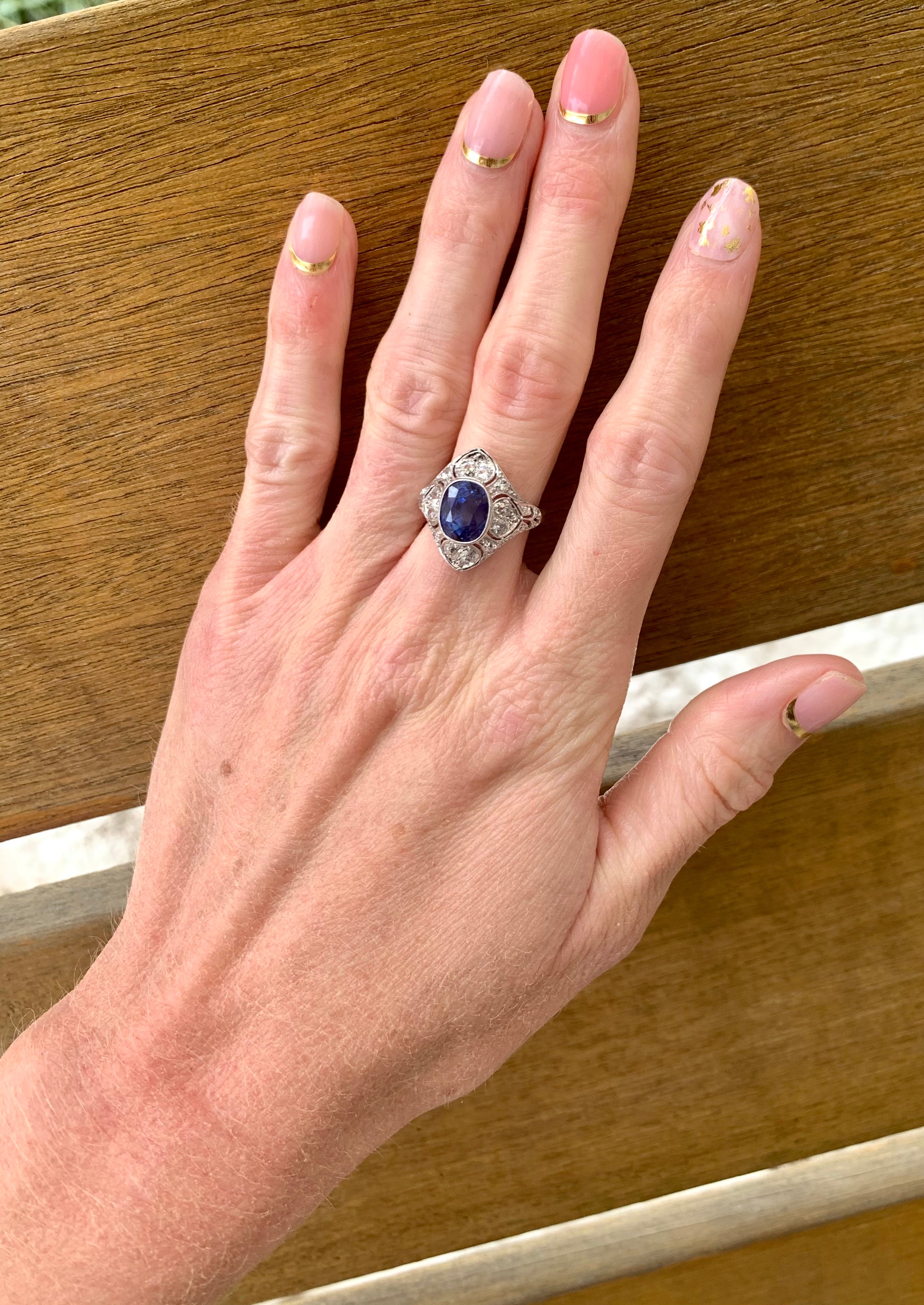 Edwardian Sapphire and Diamond Platinum Ring, circa 1910
