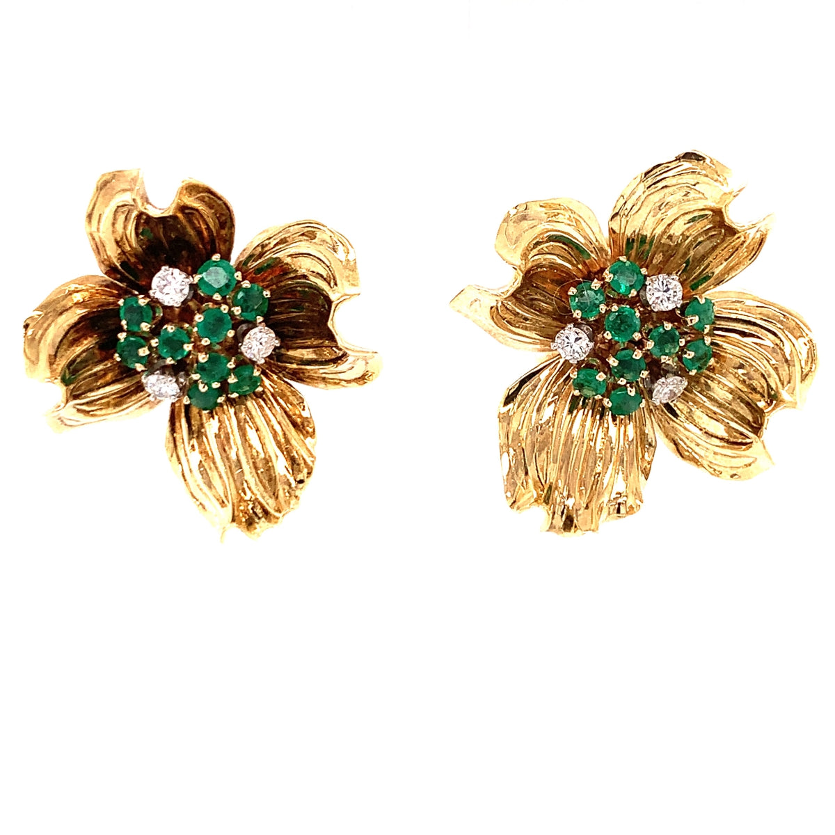 Emerald and Diamond Flower 18k Yellow Gold Earclips, circa 1960s