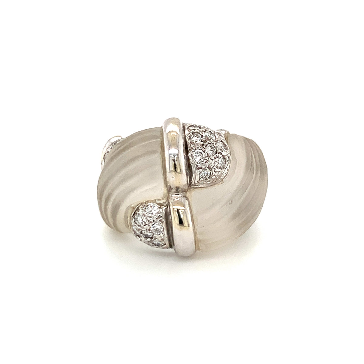 Fluted Rock Crystal Quartz and Diamond 18k White Gold Cocktail Ring, circa 1970s