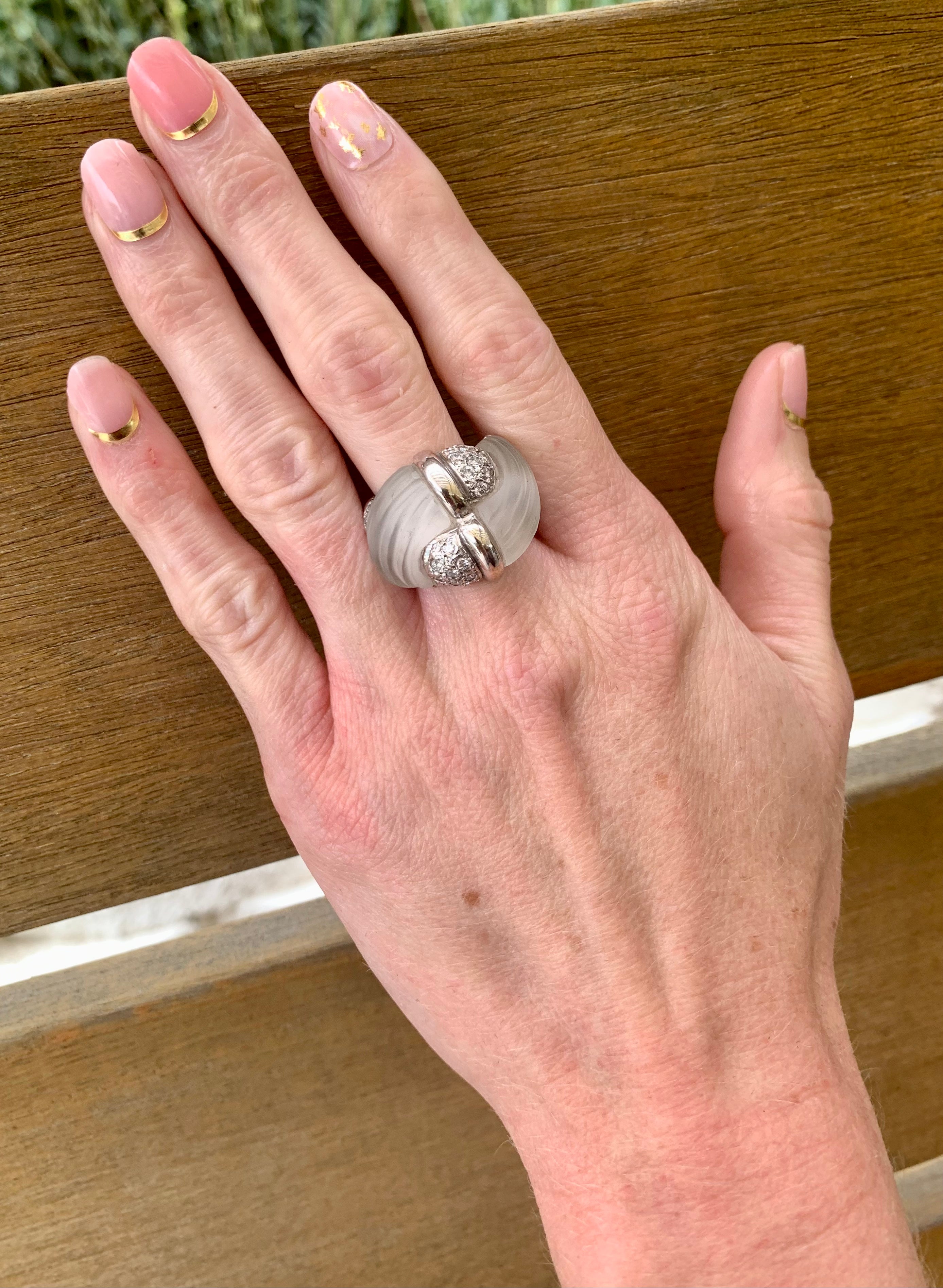 Fluted Rock Crystal Quartz and Diamond 18k White Gold Cocktail Ring, circa 1970s
