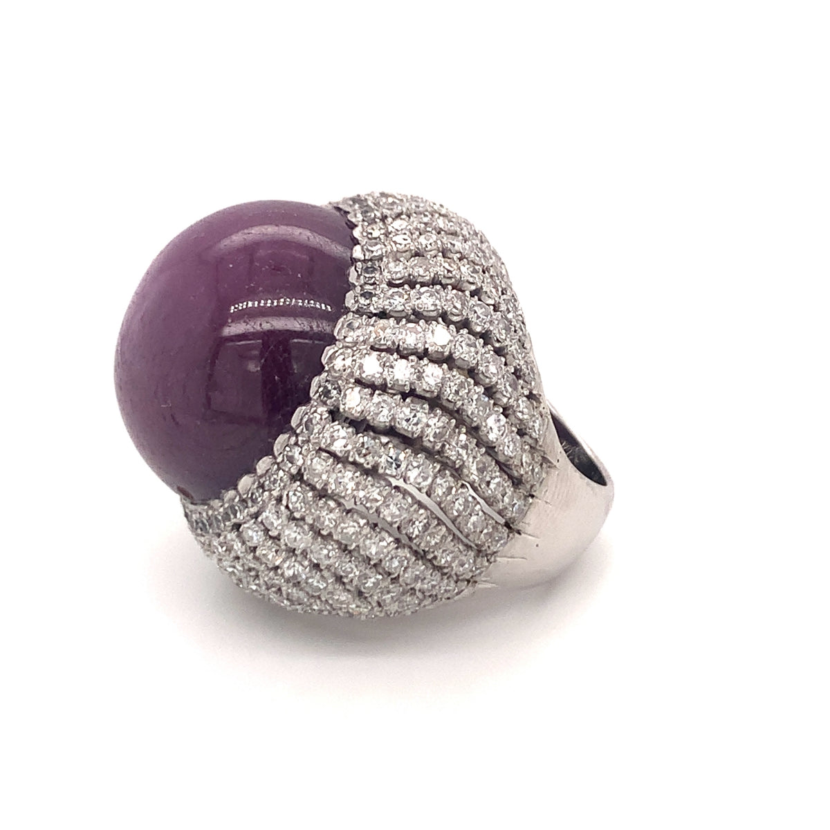 Gia Certified 78.67 Carat Star Ruby and Diamond Bombe 14K White Gold Ring