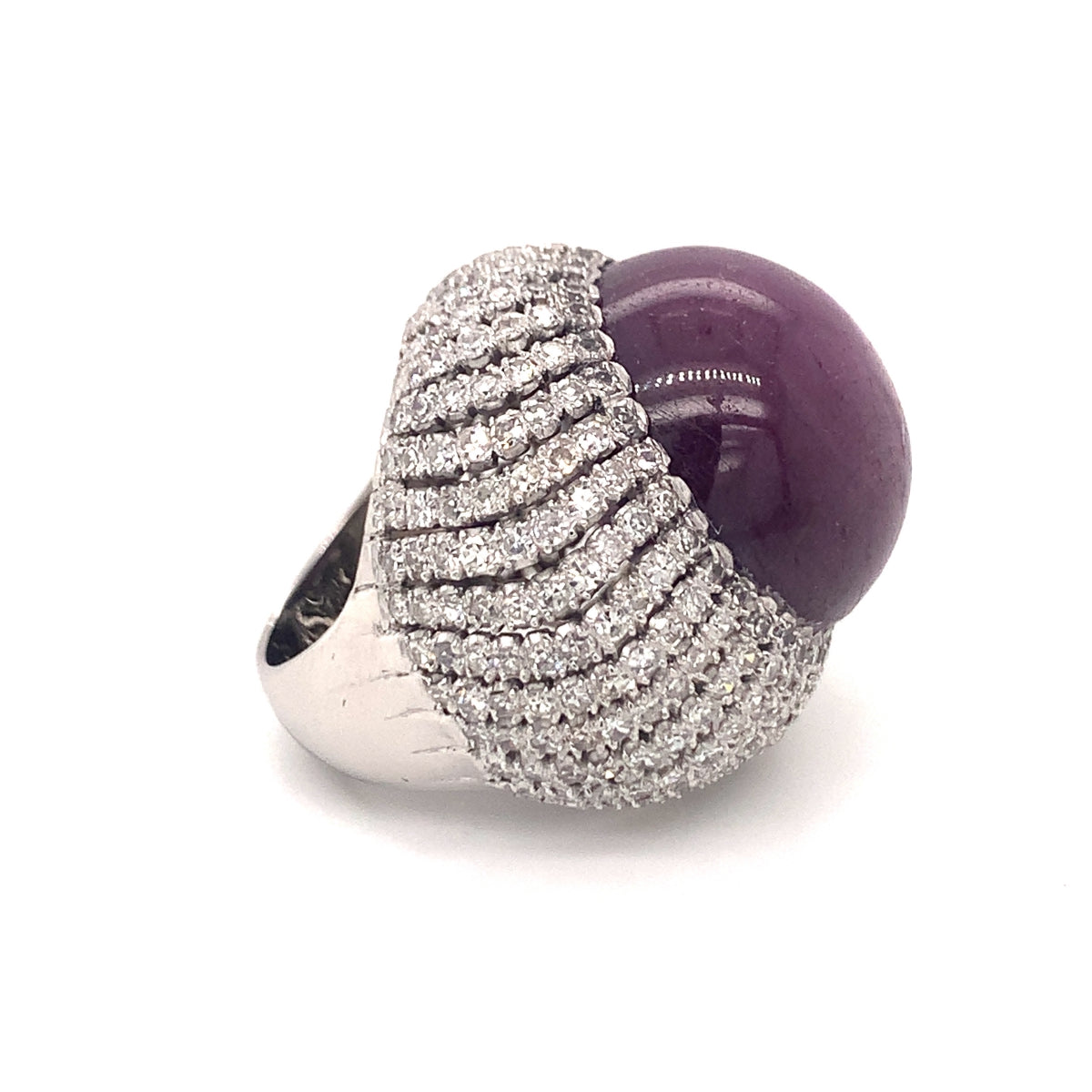 Gia Certified 78.67 Carat Star Ruby and Diamond Bombe 14K White Gold Ring